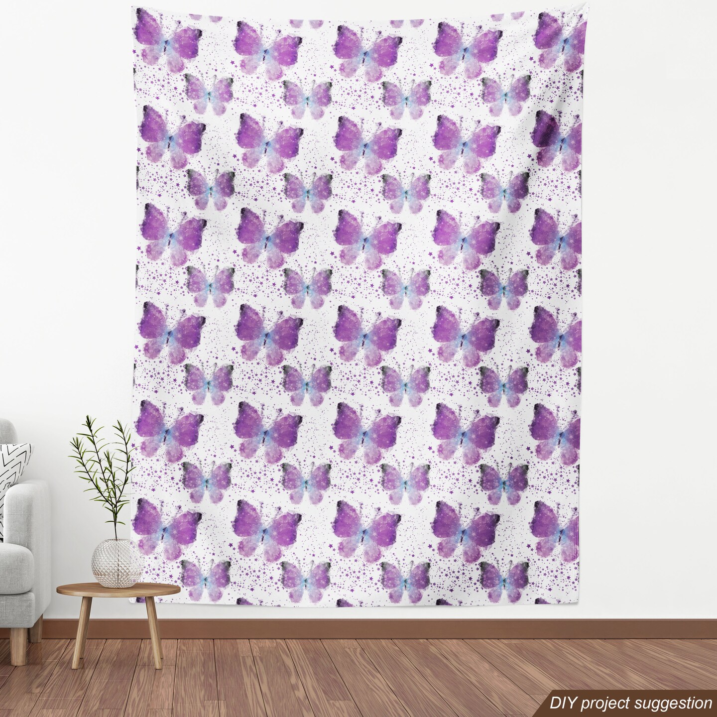 Ambesonne Butterfly Fabric by The Yard, Surreal Star Patterned Background with Polygonal Butterflies Modern, Decorative Fabric for Upholstery and Home Accents, 1 Yard, Blue Purple
