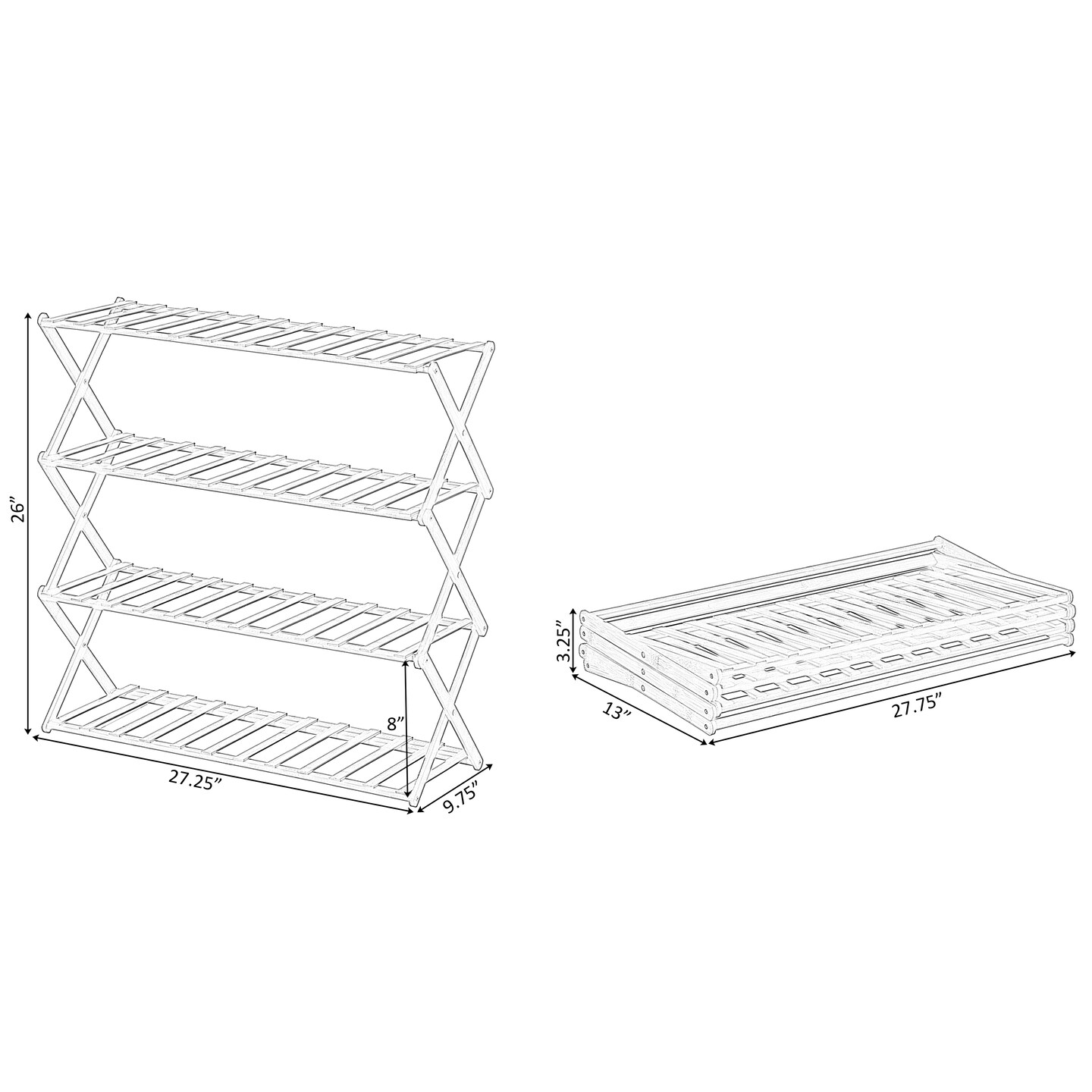 Bamboo Foldable Shoe Rack, Free Standing Shoe Organizer Storage Rack