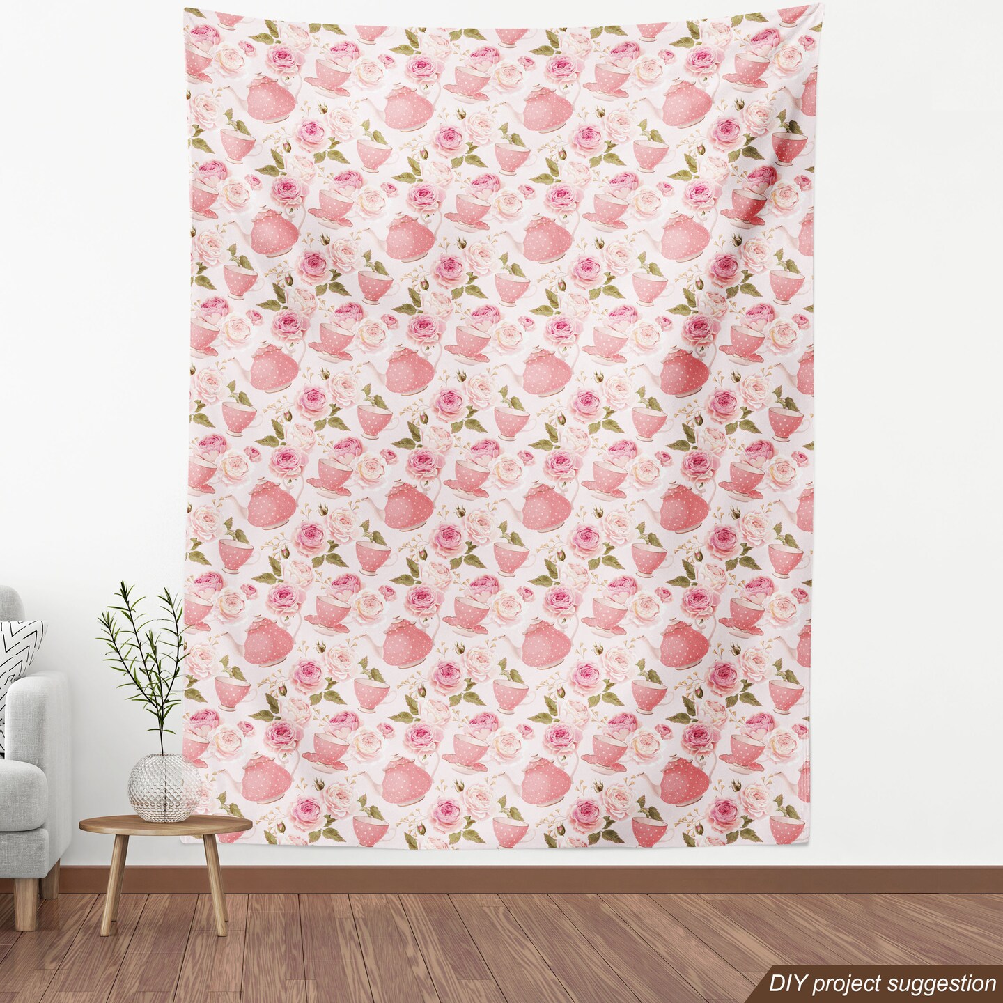 Ambesonne Floral Fabric by The Yard, Vintage Style Tea Cups with Roses Romantic Shabby Chic Design Print, Decorative Fabric for Upholstery and Home Accents, 1 Yard, Pale Pink Coral Fern Green