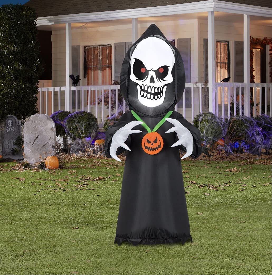 4&#x27; Gemmy Airblown Inflatable Halloween Scary Reaper w/ Pumpkin Necklace 226009