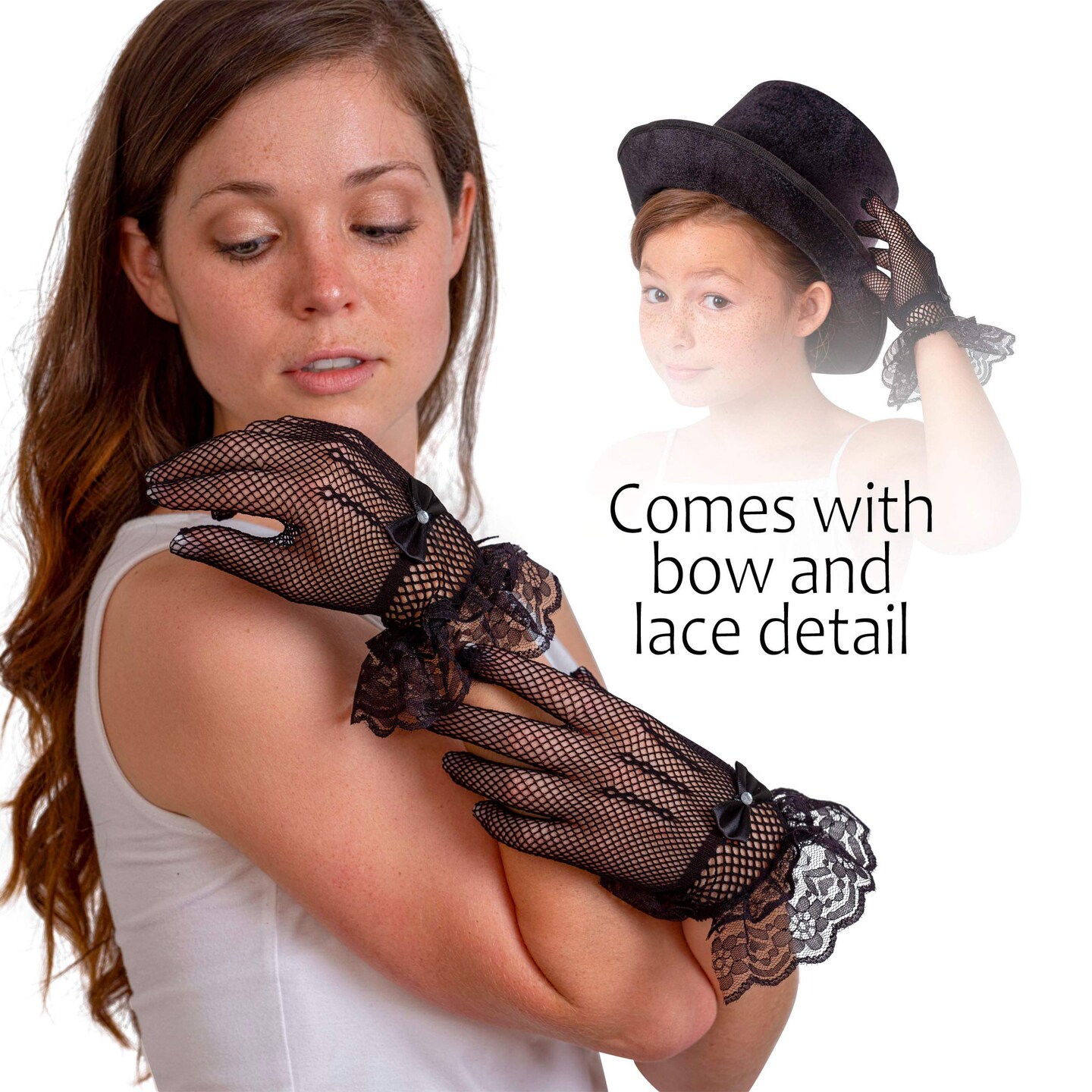 Dress Lace Hand Gloves - Vintage Formal Black Sheer Evening Gloves with Satin Bow and Lace Ruffle Wrist Cuffs for Women and Girls