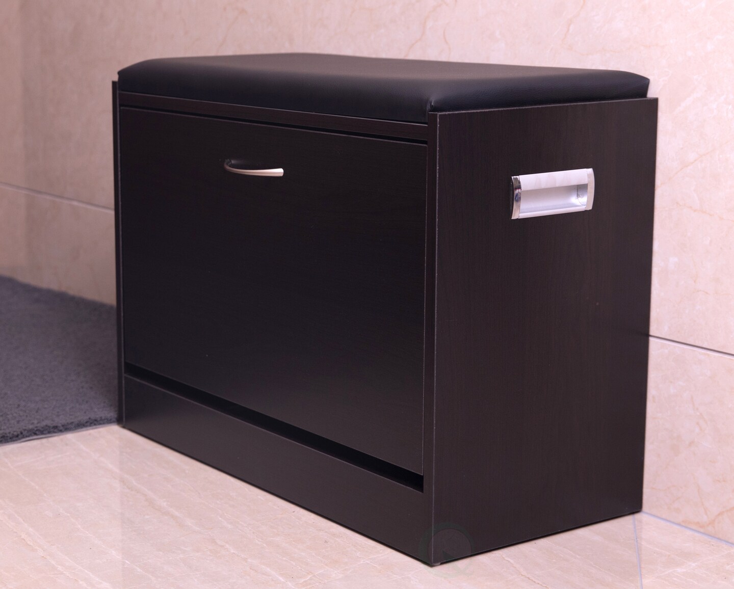 Black Wooden Fold-out Shoe Organizer - Shoe Storage Bench with Leather Cushion