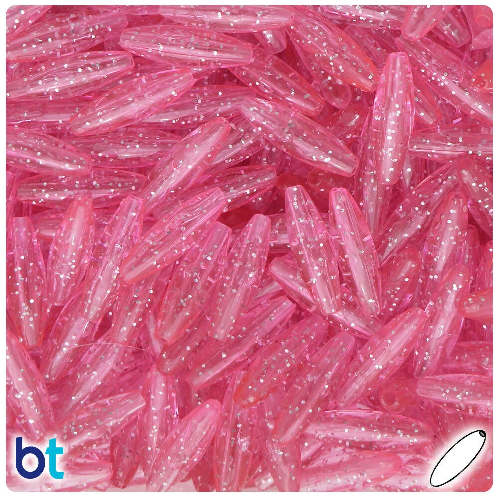 BeadTin Pink Sparkle 19mm Spaghetti Plastic Craft Beads (150pcs)