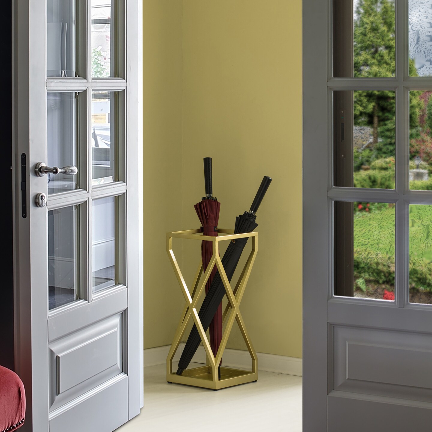 Decorative Gold Square X Design Umbrella Holder Stand for Indoor and Outdoor