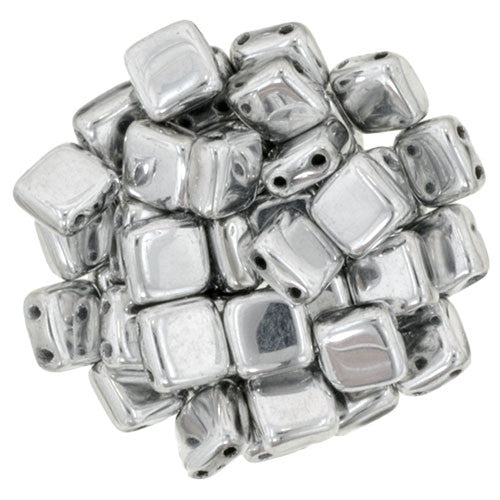 Czechmate 6mm Square Glass Czech Two Hole Tile Bead, Silver