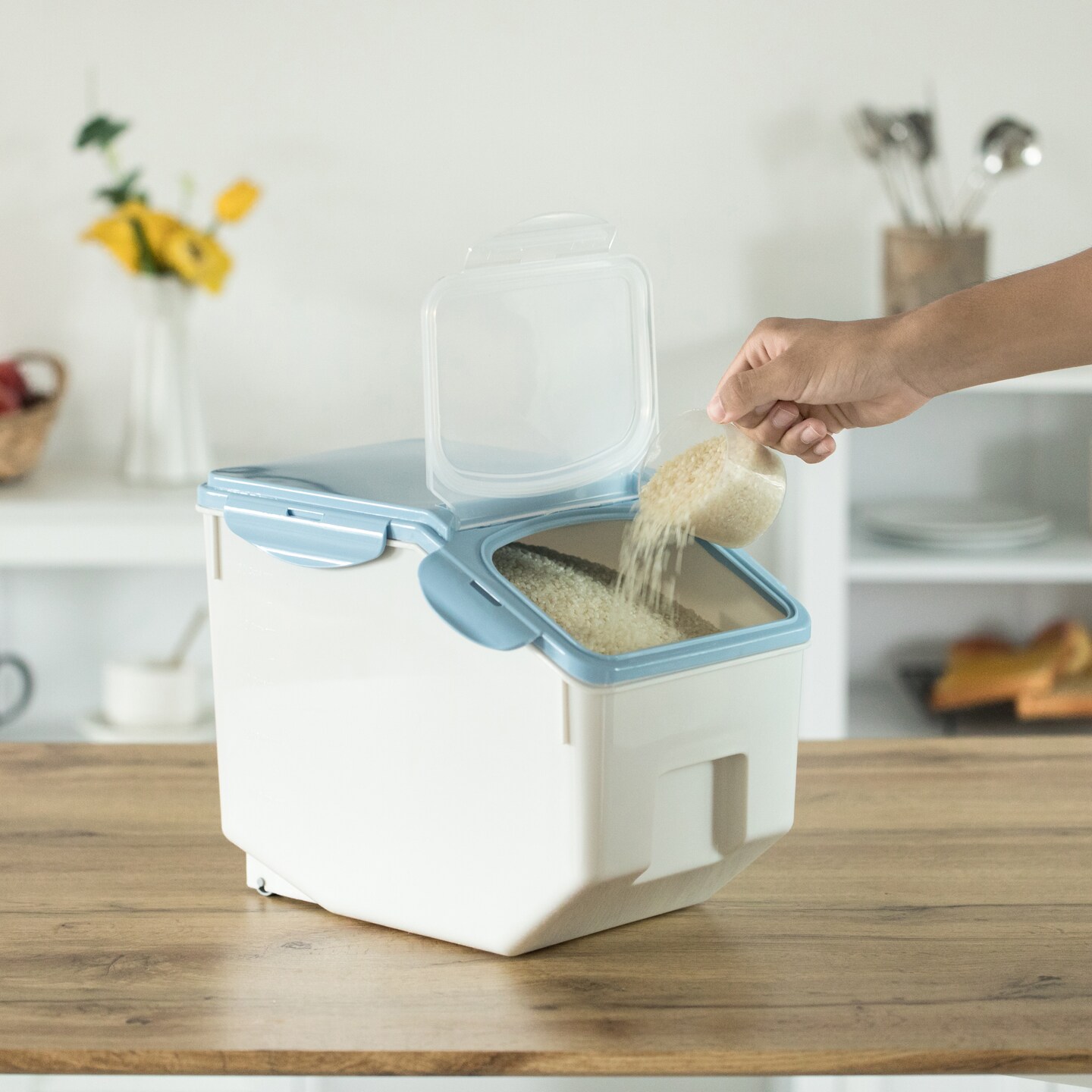 Set of 2 White Plastic Storage Food Holder Containers, with a Measuring Cup and Wheels Michaels
