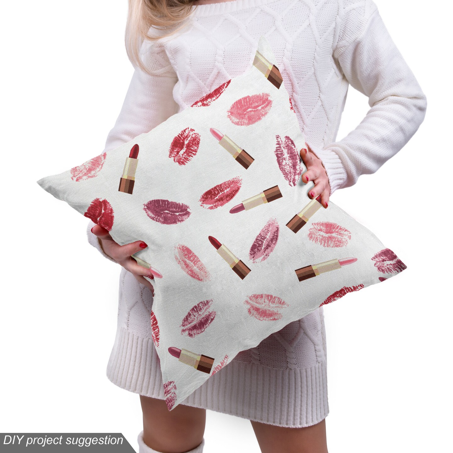 Ambesonne Cosmetics Fabric by The Yard, Beauty Theme Pink and Burgundy Lipstick and Kiss Pattern Makeup Concept, Decorative Fabric for Upholstery and Home Accents, 10 Yards, Burgundy Pink