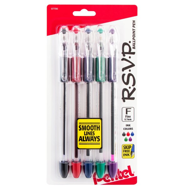 RSVP Ballpoint Pen, (0.7mm) Fine Line, Assorted Ink (A/B/C/D/V) 5-Pk