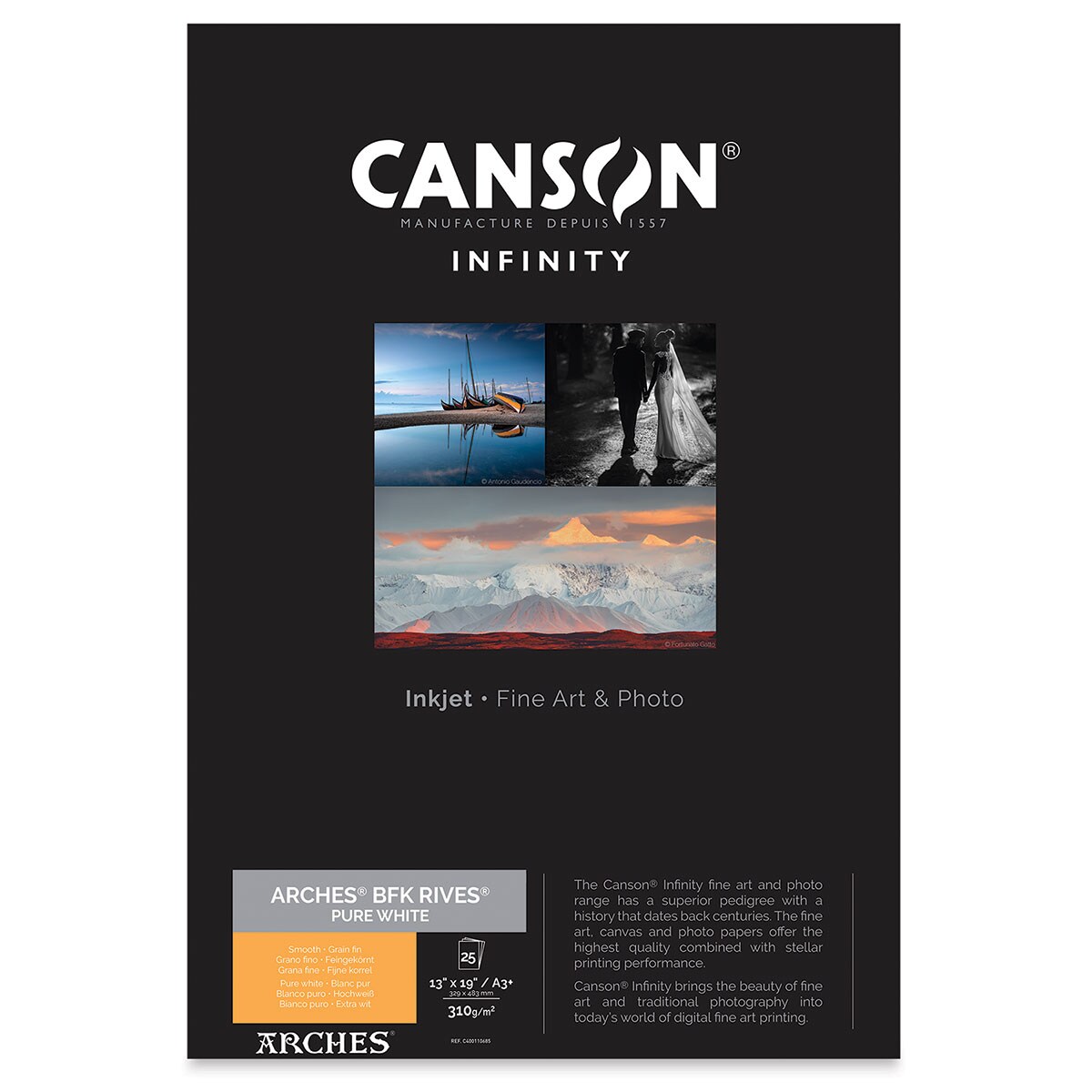 Canson Infinity Arches BFK Rives Inkjet Fine Art and Photo Paper - 13&#x22; x 19&#x22;, A3+, Pure White, 310 gsm, Package of 25