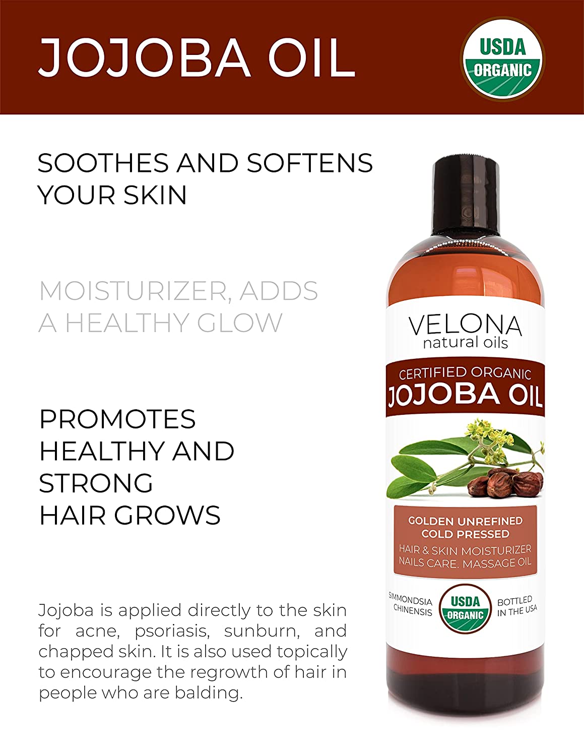 Velona Jojoba Oil USDA Certified Organic - 32 oz | 100% Pure and Natural Carrier Oil| Golden, Unrefined, Cold Pressed, Hexane Free | Moisturizing Face, Hair, Body, Skin Care, Stretch Marks, Cuticles | Use Today - Enjoy Results