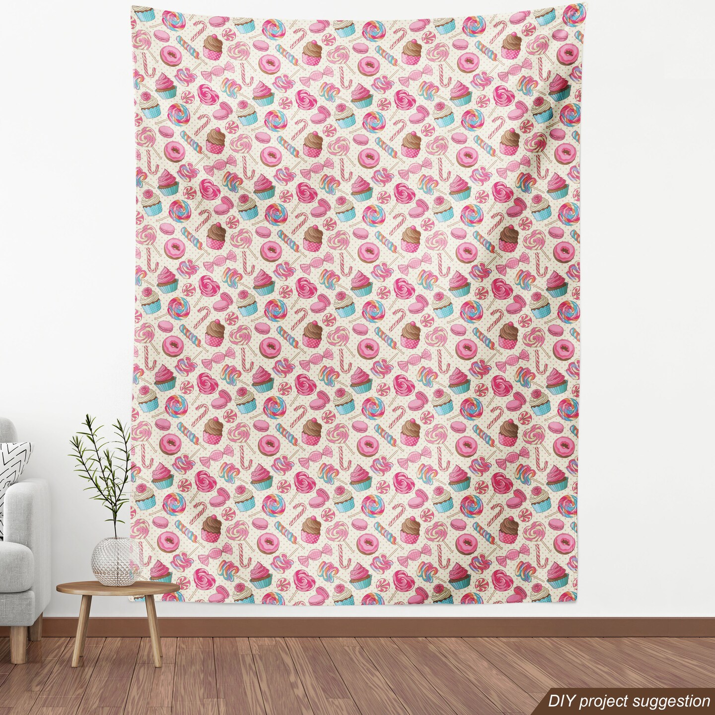 Ambesonne Candy Cane Fabric by The Yard, Yummy Lollipop Candy Macaroon Cupcake and Donut on Polka Dots Pattern, Decorative Fabric for Upholstery and Home Accents, 2 Yards, Pink Cream