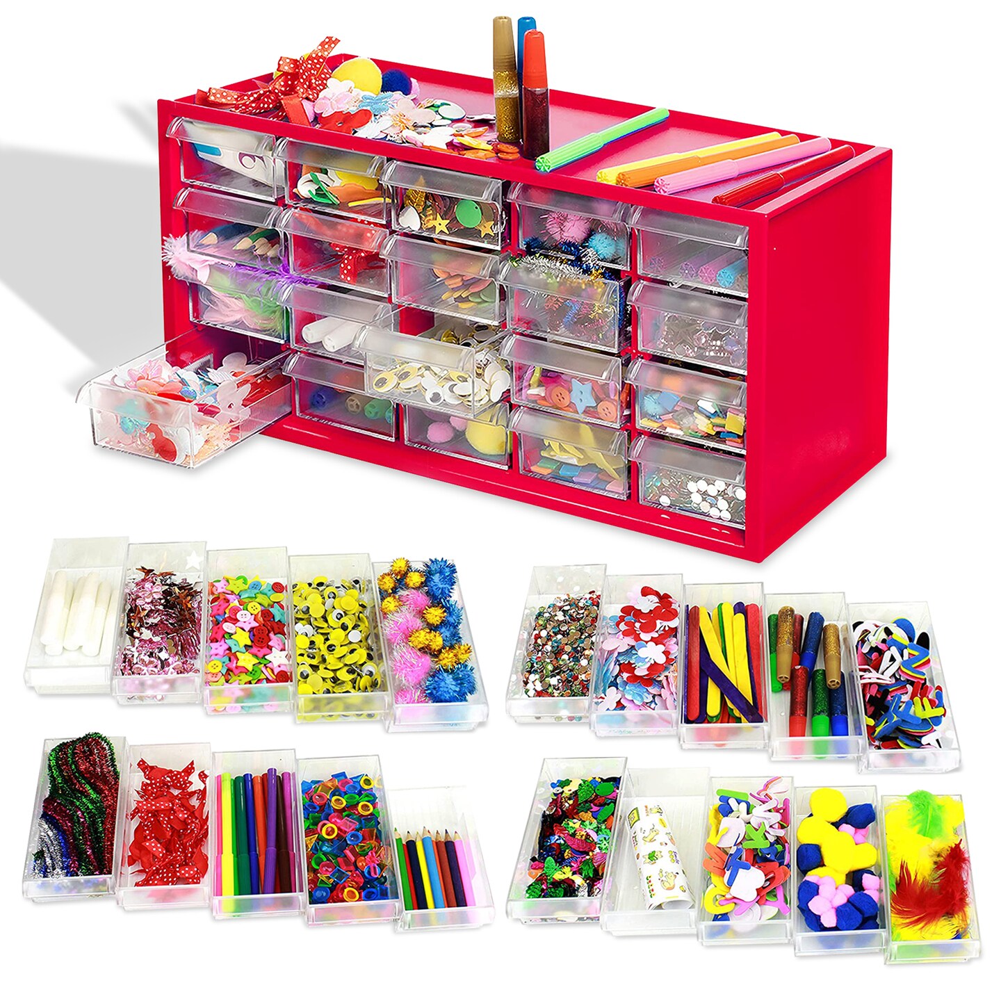 Kraftic Arts &#x26; Crafts Supplies Center for Kids Craft Supplies Kit Complete with 20 Filled Drawers of Craft Materials for Toddlers