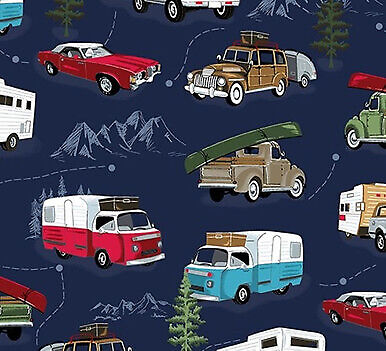 American Road Trip Blue Campers Novelty Fabric Blue Cotton Fabric