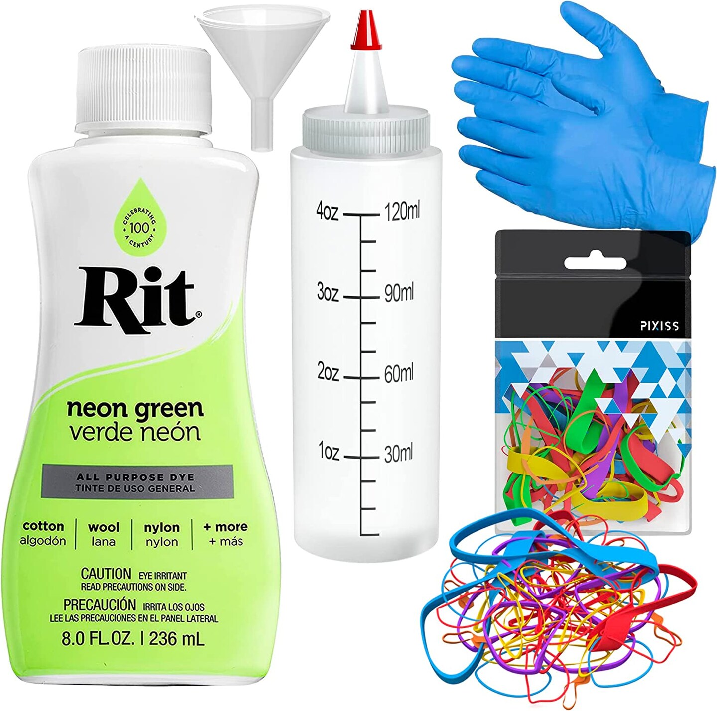 Rit Dye Liquid Neon Green All-Purpose Dye 8oz, Pixiss Tie Dye Accessories Bundle