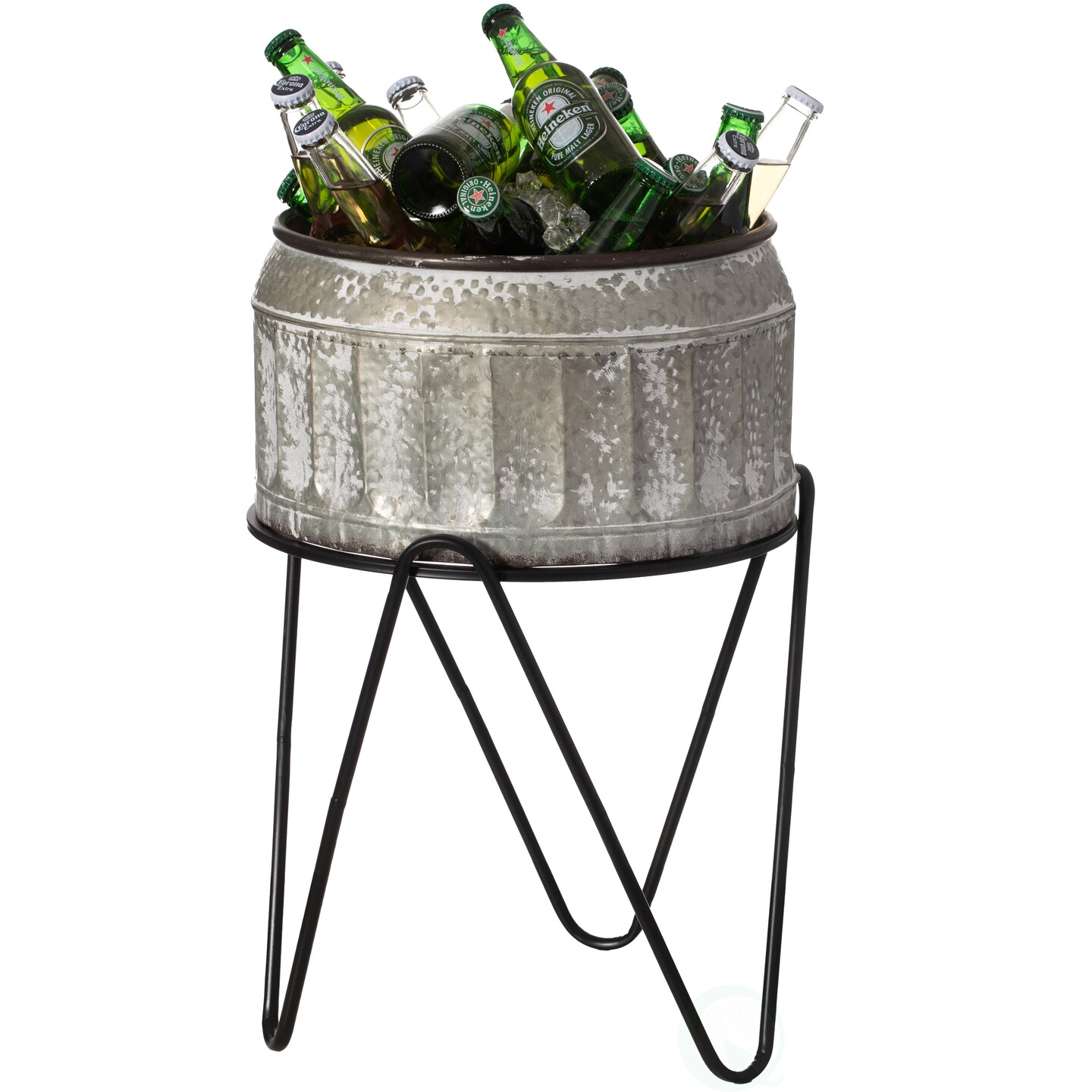 Silver Galvanized Metal Ice Bucket Beverage Cooler Tub with Stand