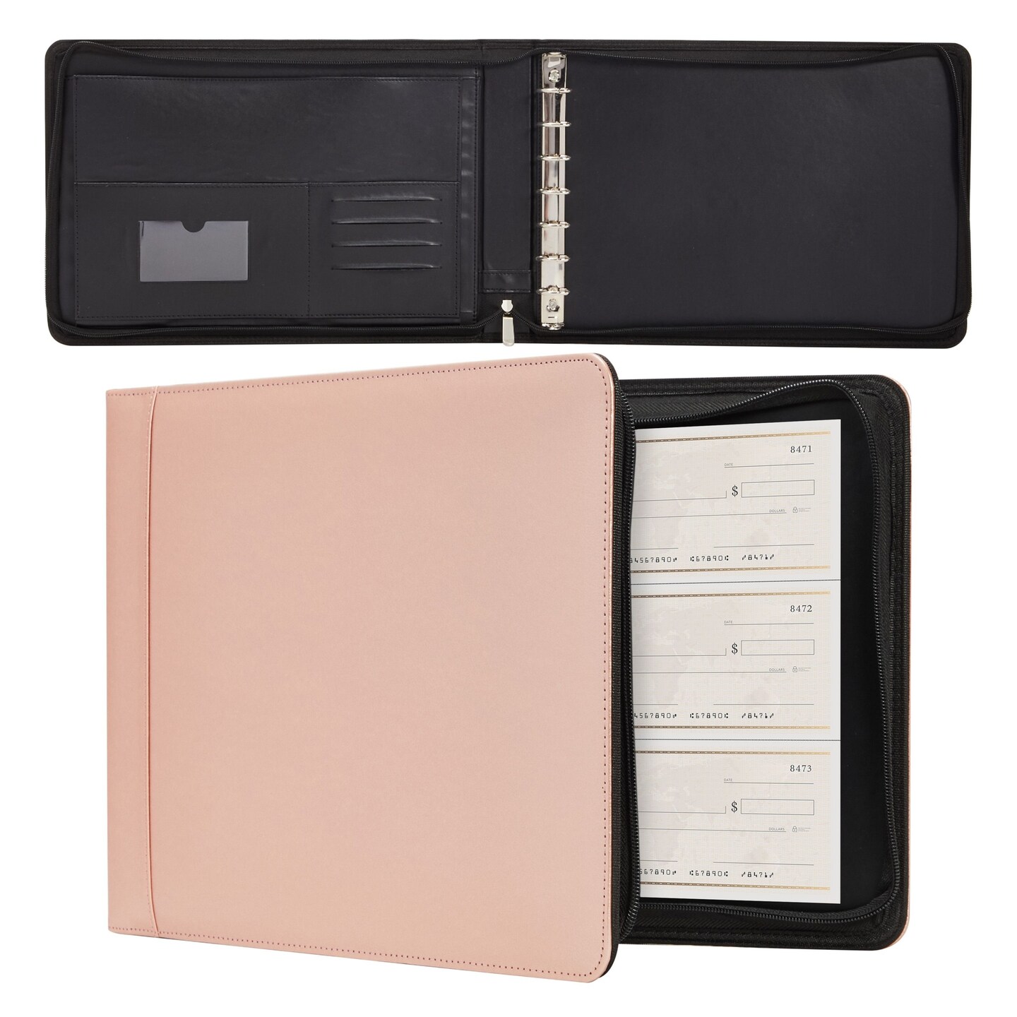 Rose Gold 7 Ring Business Checkbook Binder with Zipper for Checks, PU ...