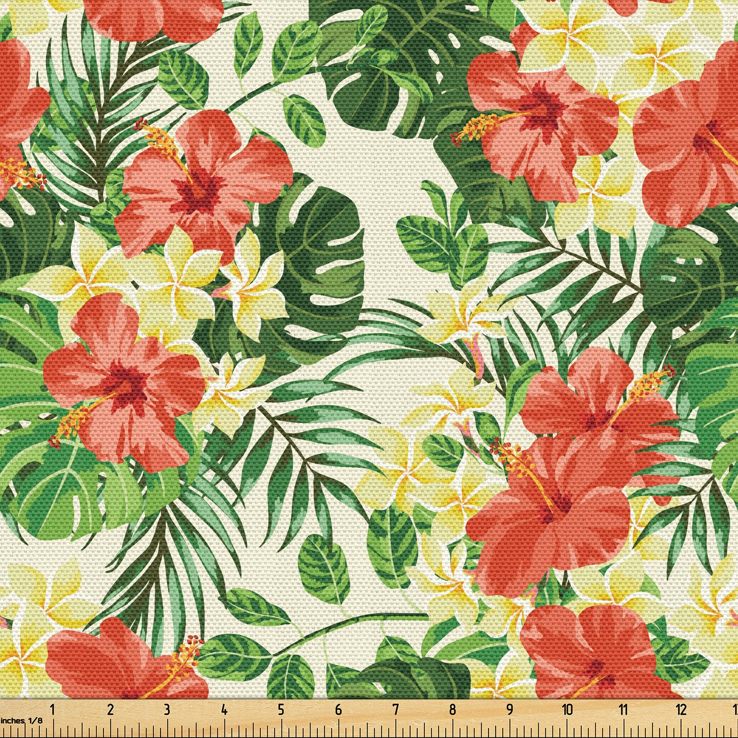Ambesonne Tropical Fabric Material by The Yard, Exotic Floral Pattern with Plumeria Hibiscus Monstera Palms and Leaves, Decorative Accent for DIY Hobby Upholstery Projects and Home, 1 Yard, Red Yellow