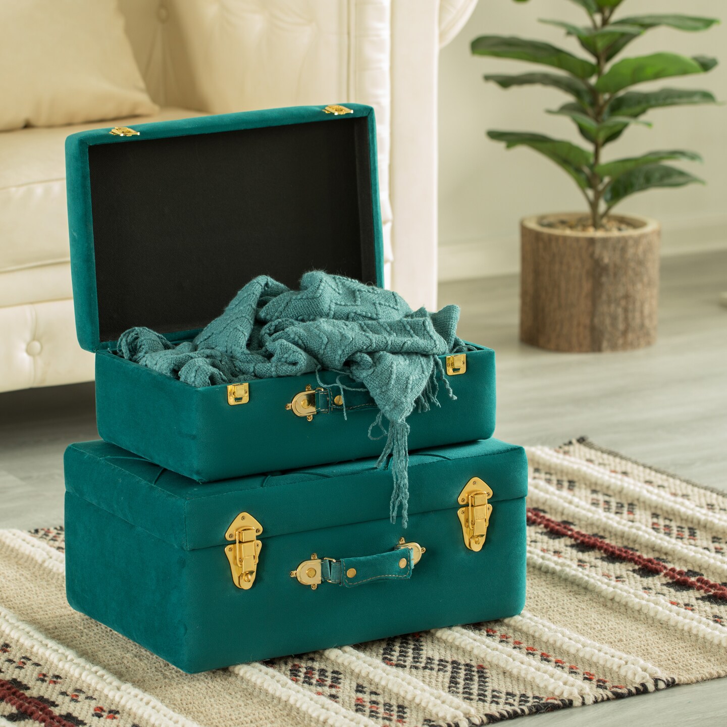 Decorative Tufted Velvet Suitcase Treasure Chest Set of 2