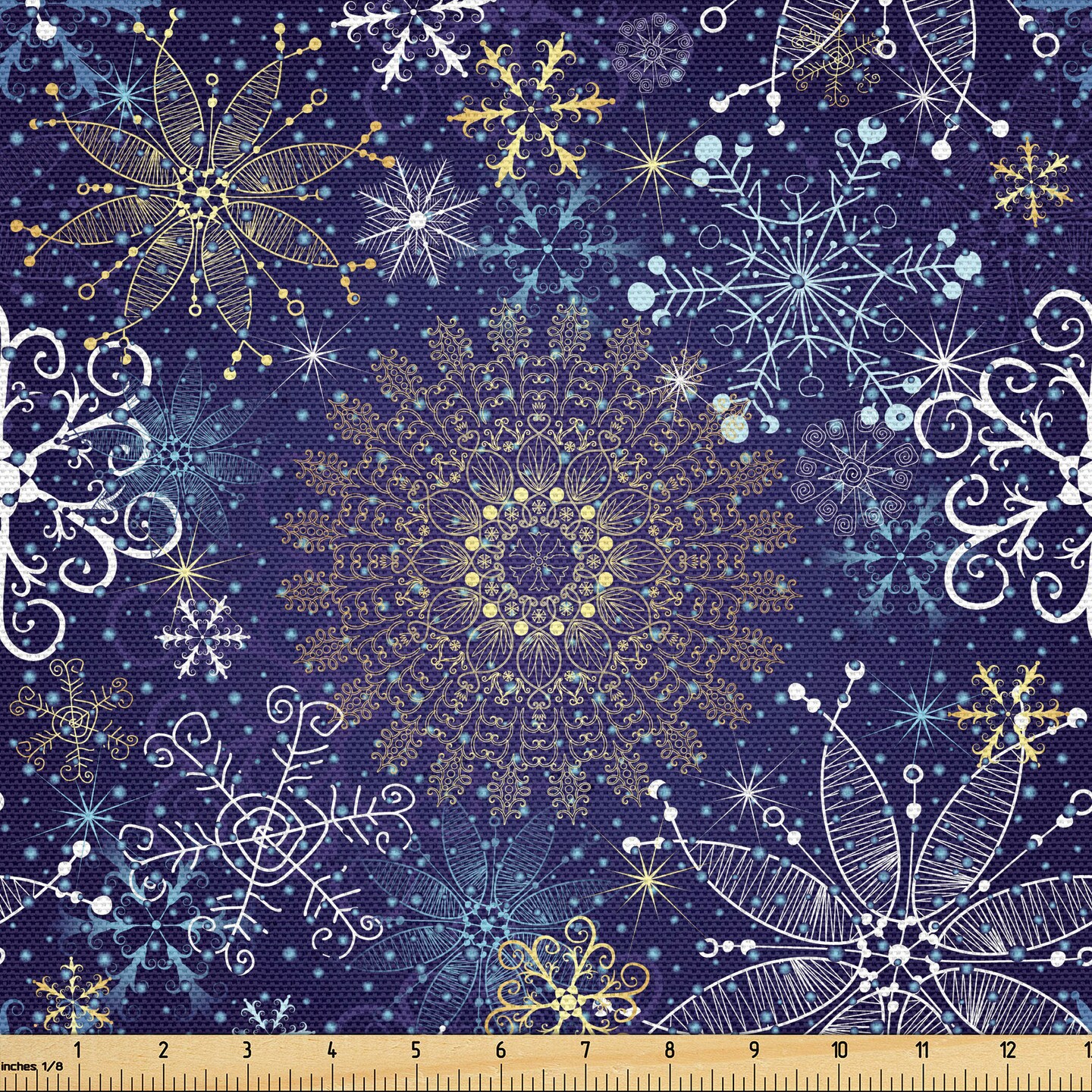 Ambesonne Dark Blue Fabric by The Yard, Christmas Inspired Pattern with Ornate Curly Snowflakes Mandala Style, Decorative Fabric for Upholstery and Home Accents, 1 Yard, Indigo White