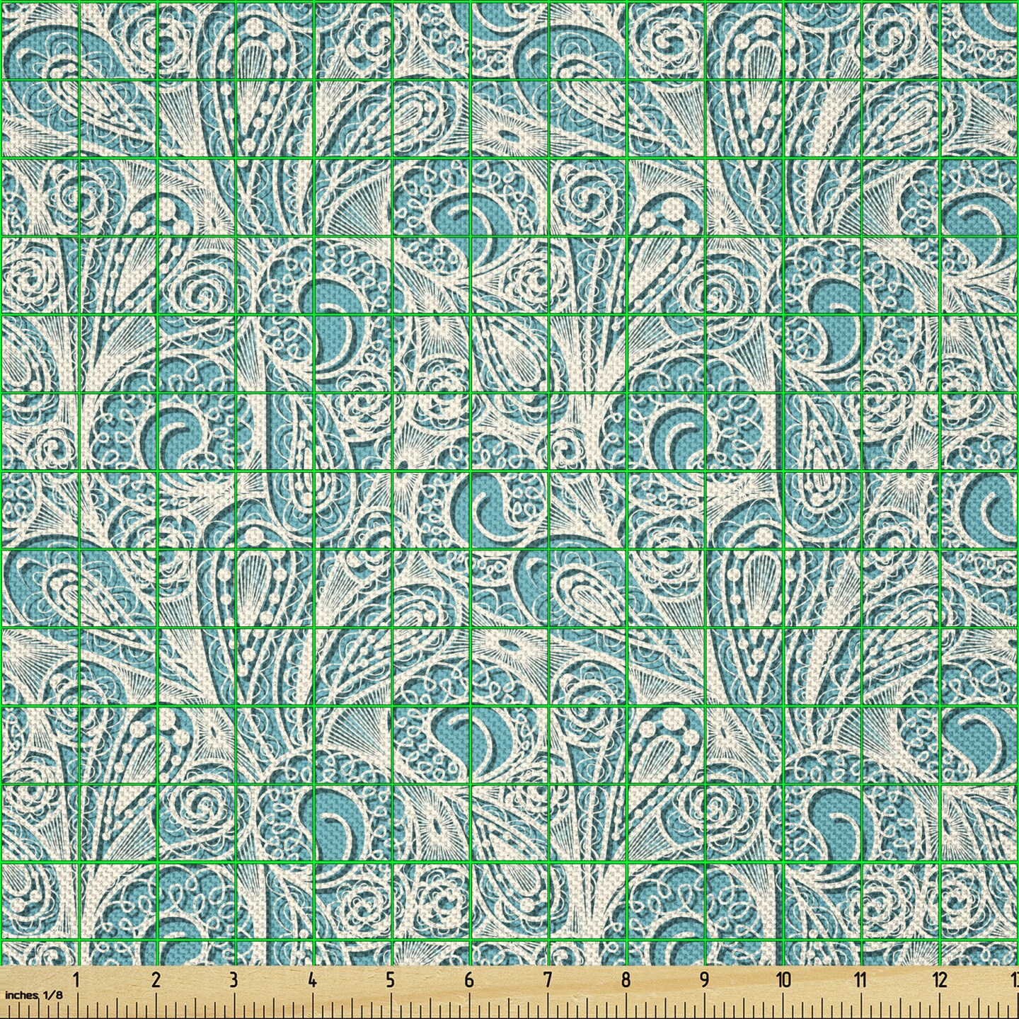 Ambesonne Teal Fabric by The Yard, Classical Lace Style Pattern with Romantic Feminine Elements Inspired Artwork Print, Decorative Satin Fabric for Home Textiles and Crafts, 2 Yards, Teal Beige