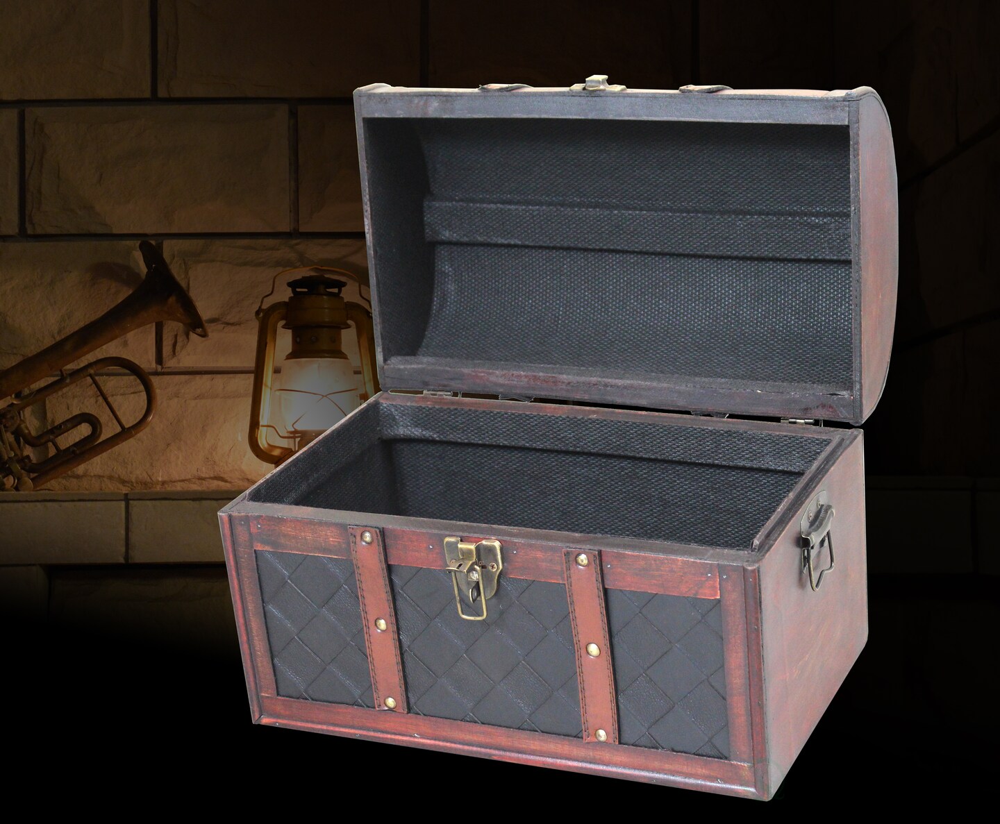 Wooden Leather Round Top Treasure Chest, Decorative storage Trunk with Lockable Latch