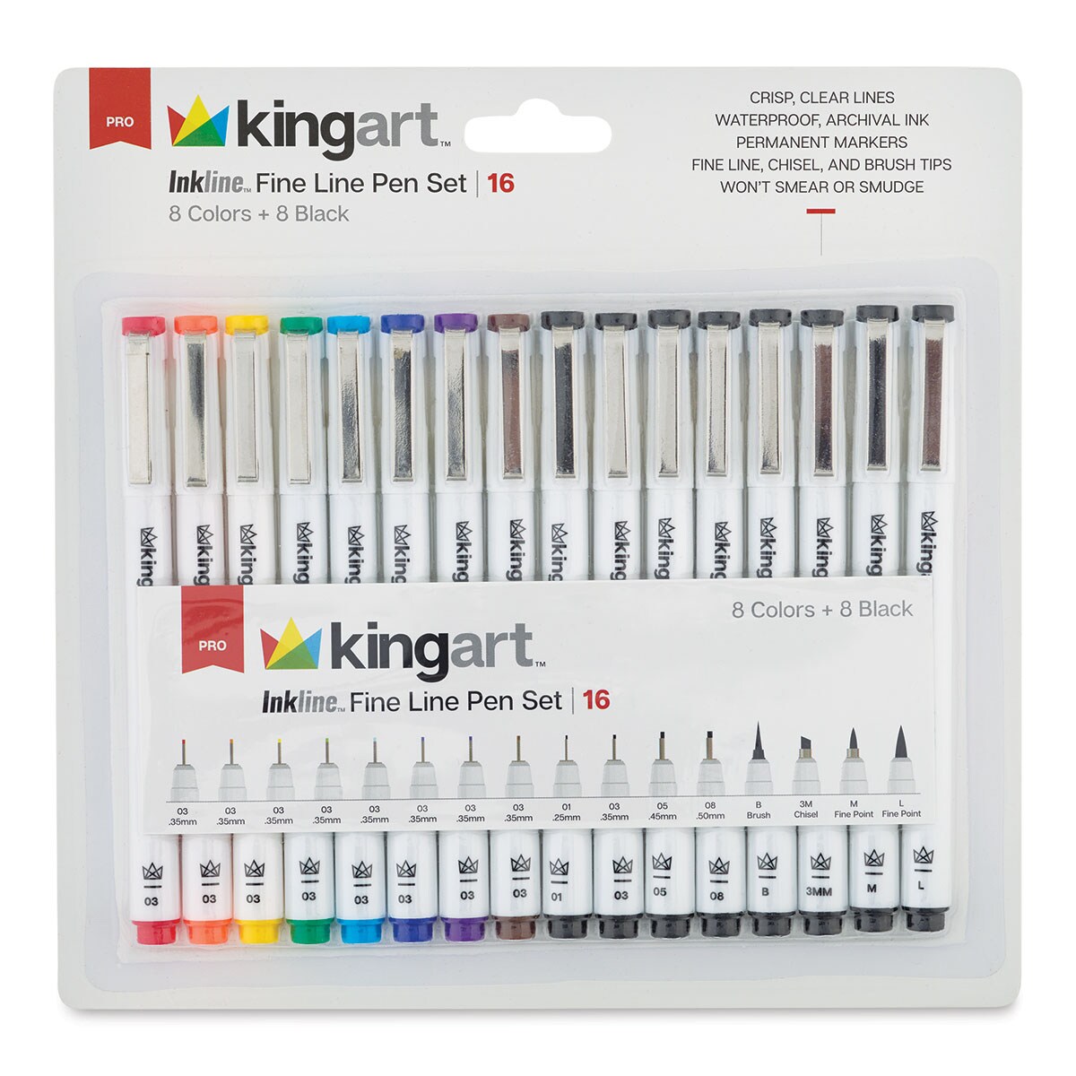 Kingart Inkline Artists Pens - Assorted Tips, Assorted Colors, Set of 16