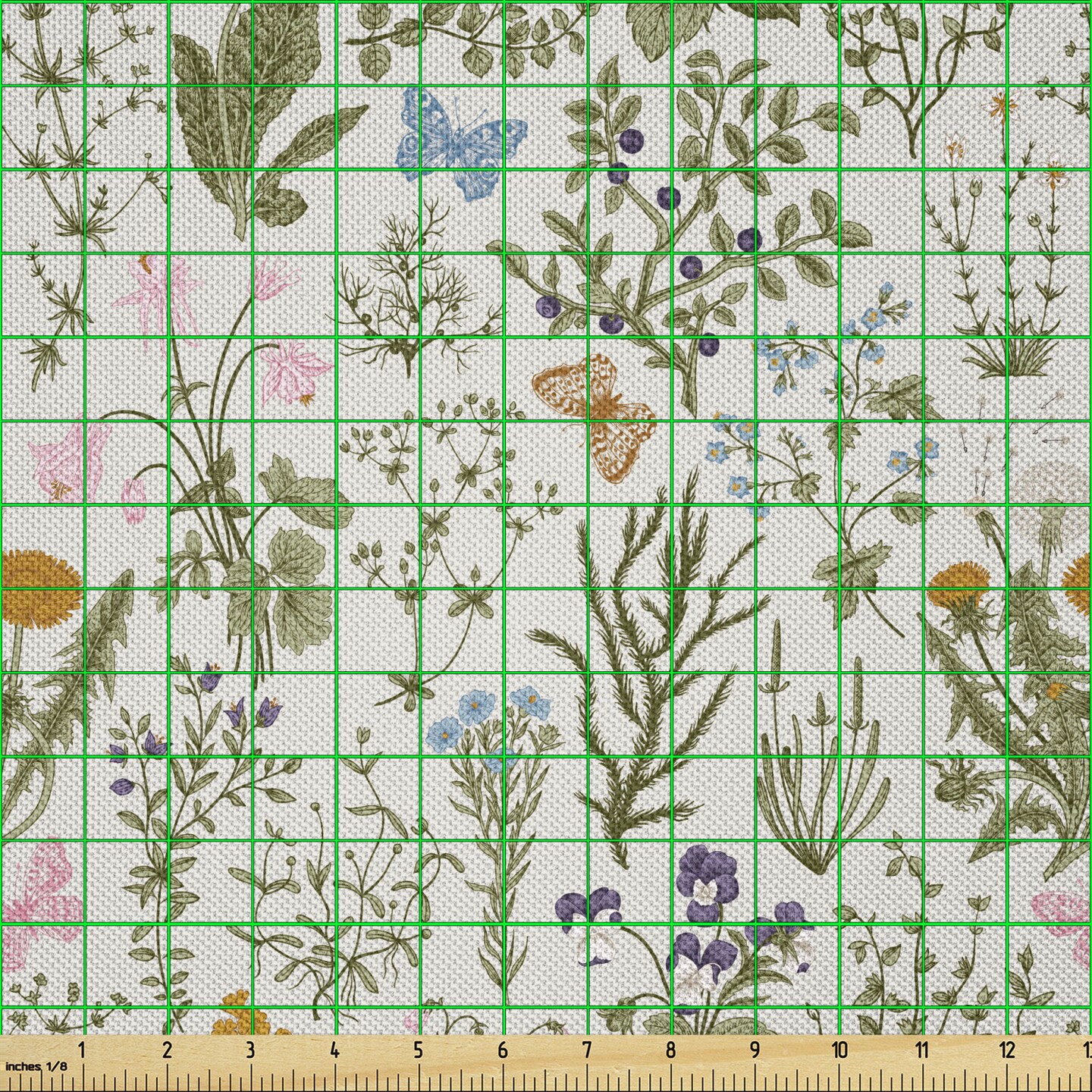 Ambesonne Floral Fabric by The Yard, Vintage Garden Plants Herbs Flowers Botanical Classic Design, Decorative Satin Fabric for Home Textiles and Crafts, 1 Yards, Reseda Green Beige