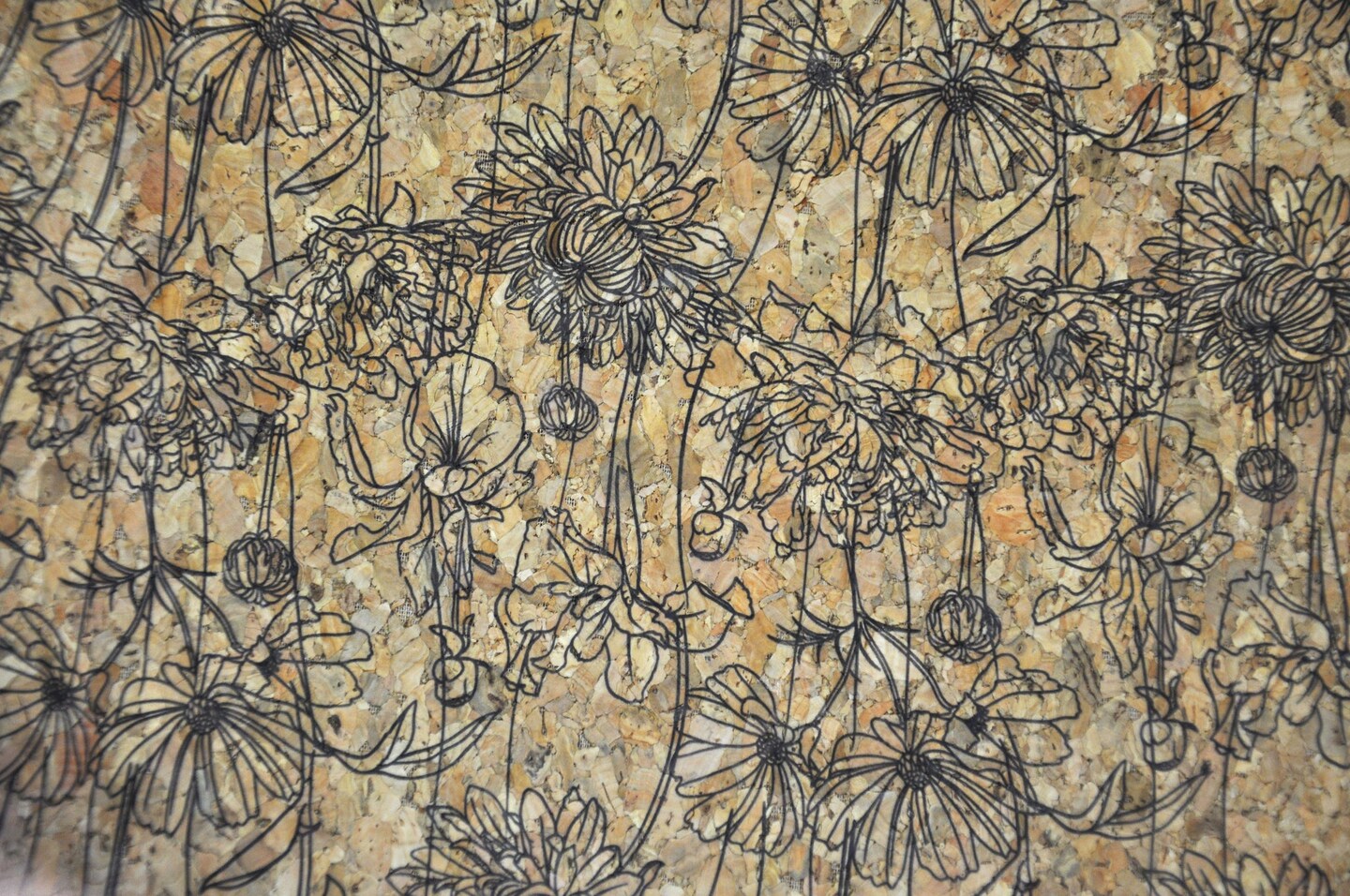 Belagio Cork Fabric, 18" x 15", Floral Sketch Print, Natural/Black