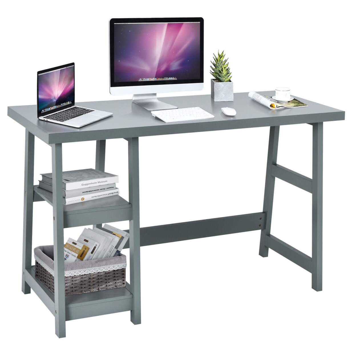 47.5 Computer Desk Trestle Desk Workstation Study Desk W/ Storage Shelf