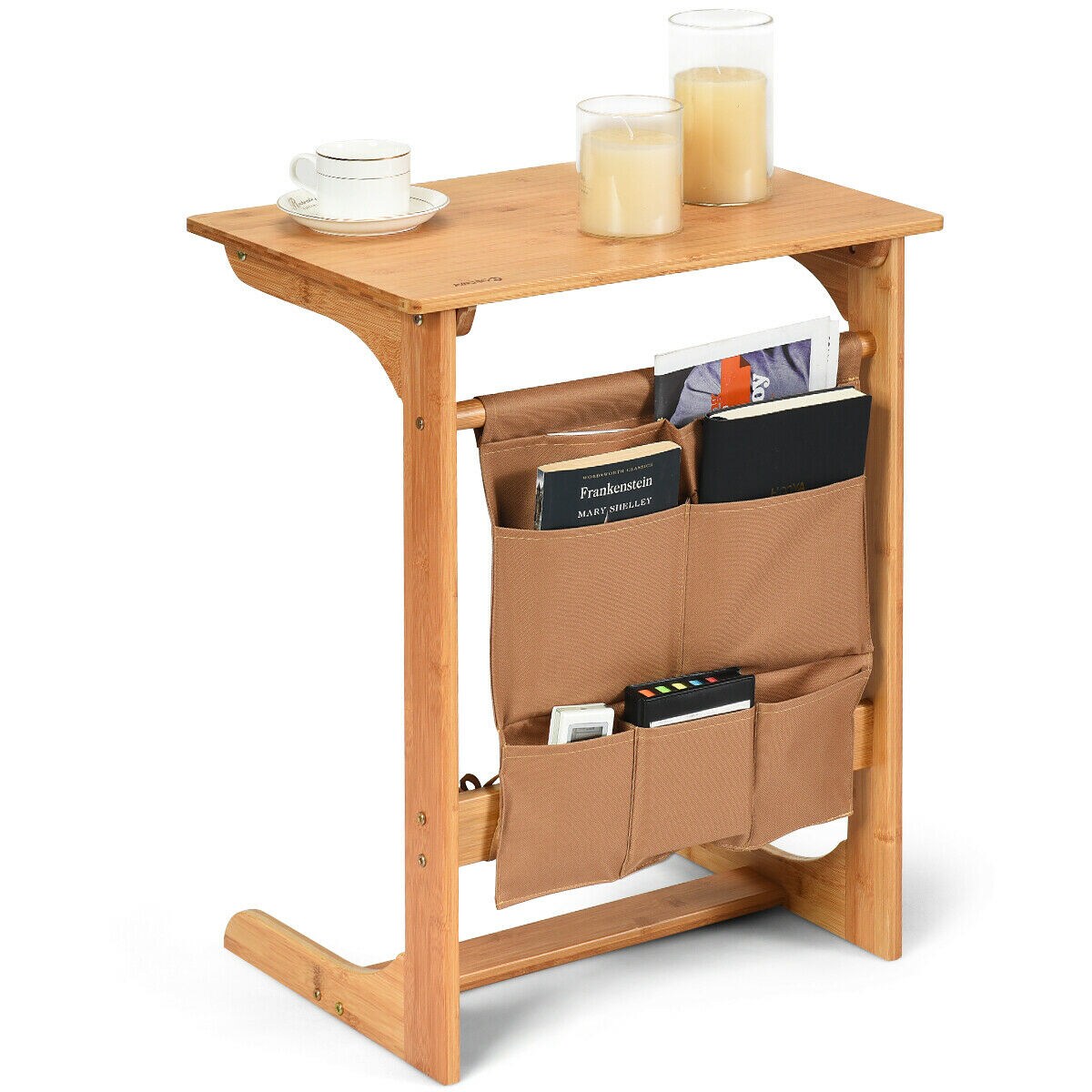 Bamboo Sofa Table Laptop Desk Coffee Snack End Table Bedside Table W/Storage Bag