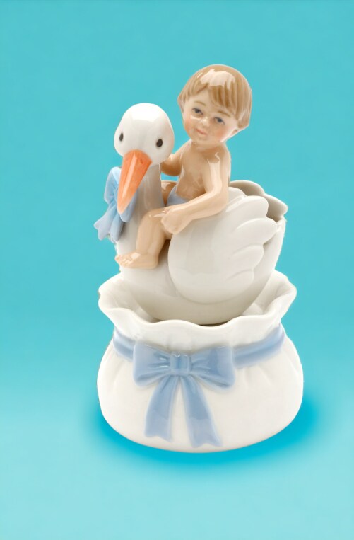 Ceramic Baby Boy With Stork Music Box, Nursery Room Decor, Baby Shower Gift, Gift for New Mom, Gift for Expecting Mother