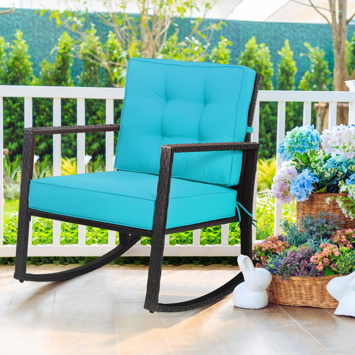 Gymax Outdoor Wicker Rocking Chair Patio Lawn Rattan Single Chair Glider w/ Turquoise Cushion