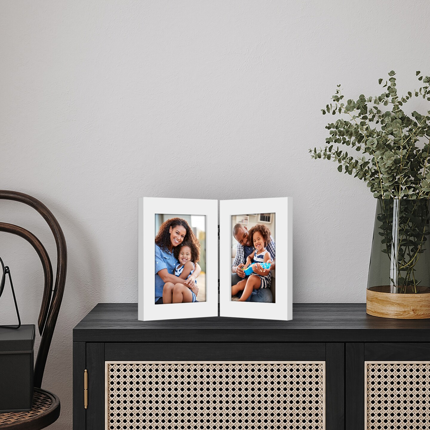 Americanflat Tri-Folding Picture Frame - Displays Two Photos at Once - Double Hinged Picture Frame - Shatter Resistant Glass - Tabletop Display Picture Frame - Black