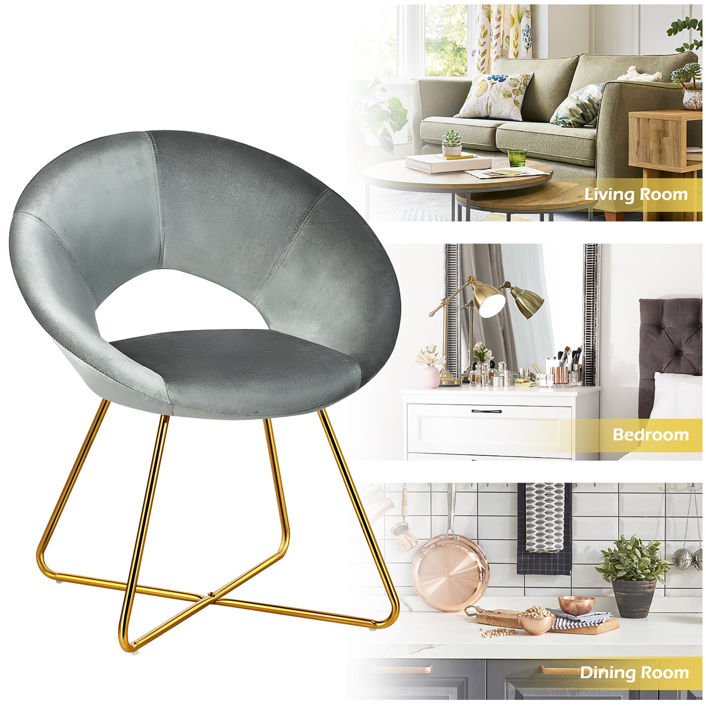 Costway Modern Velvet Accent Chair Upholstered Vanity Chair w/Golden Metal Leg Pink\Dark Green\Grey