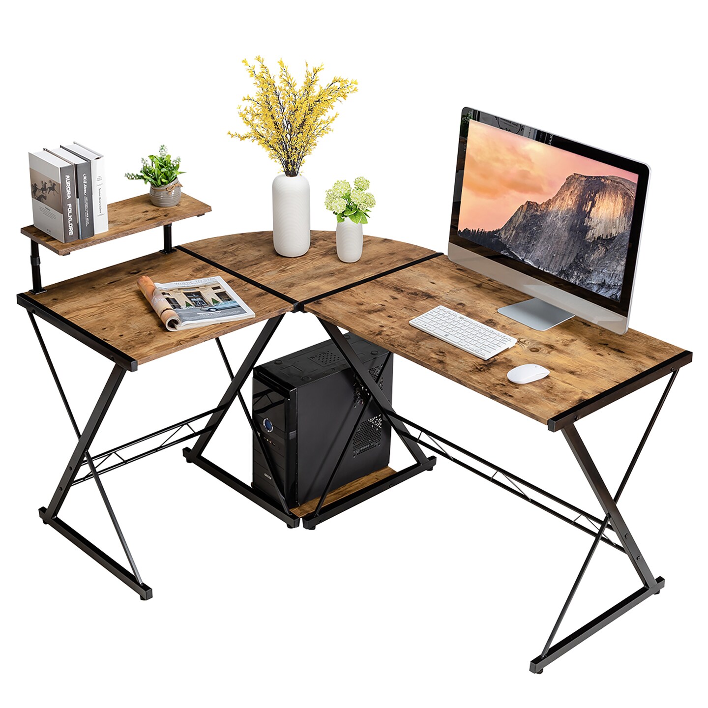 Costway 58'' x 44'' L-Shaped Computer Gaming Desk w/ Monitor Stand & Host Tray Home Office