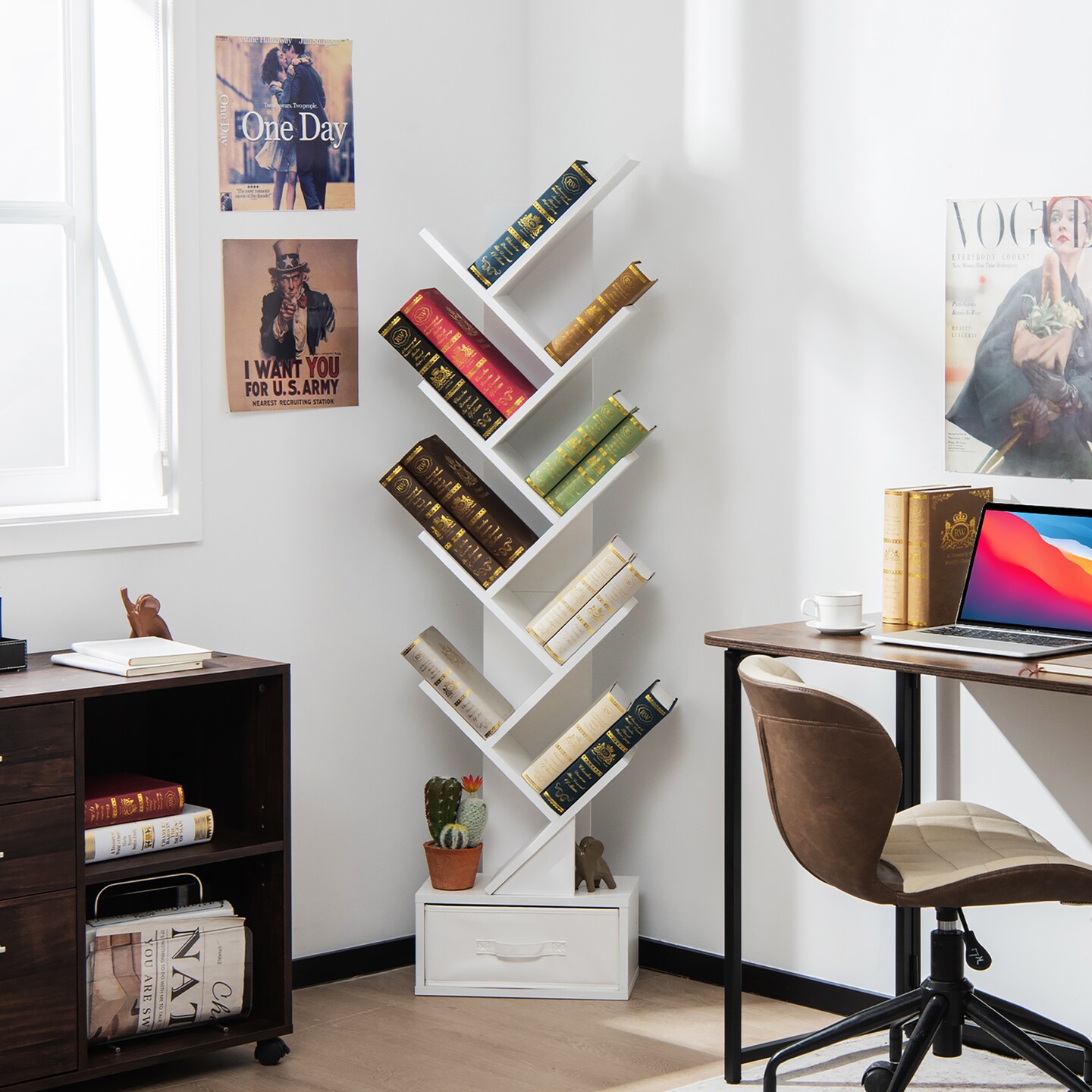 Costway 10-tier Tree Bookshelf with Drawer Free-standing Bookcase Storage Shelf White\Brown