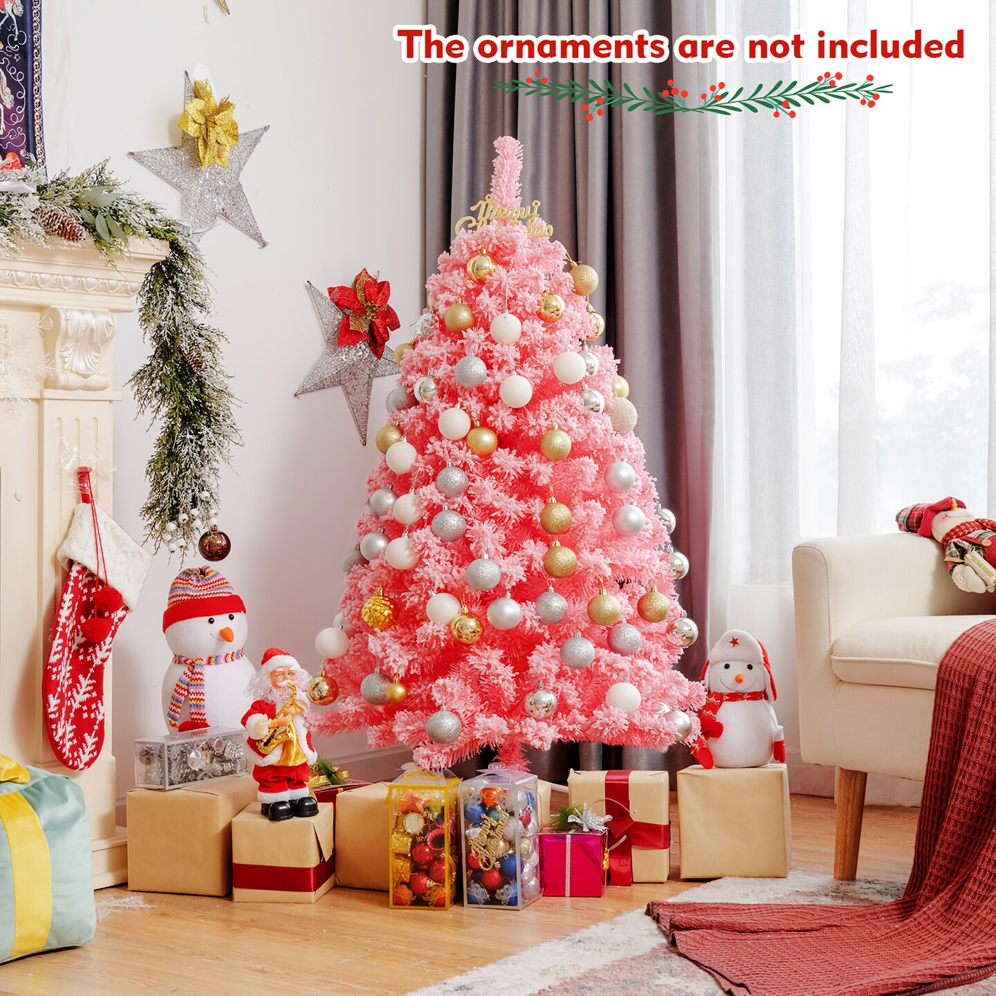 Costway 4.5ft Snow Flocked Hinged Artificial Christmas Tree w/ Metal Stand Pink