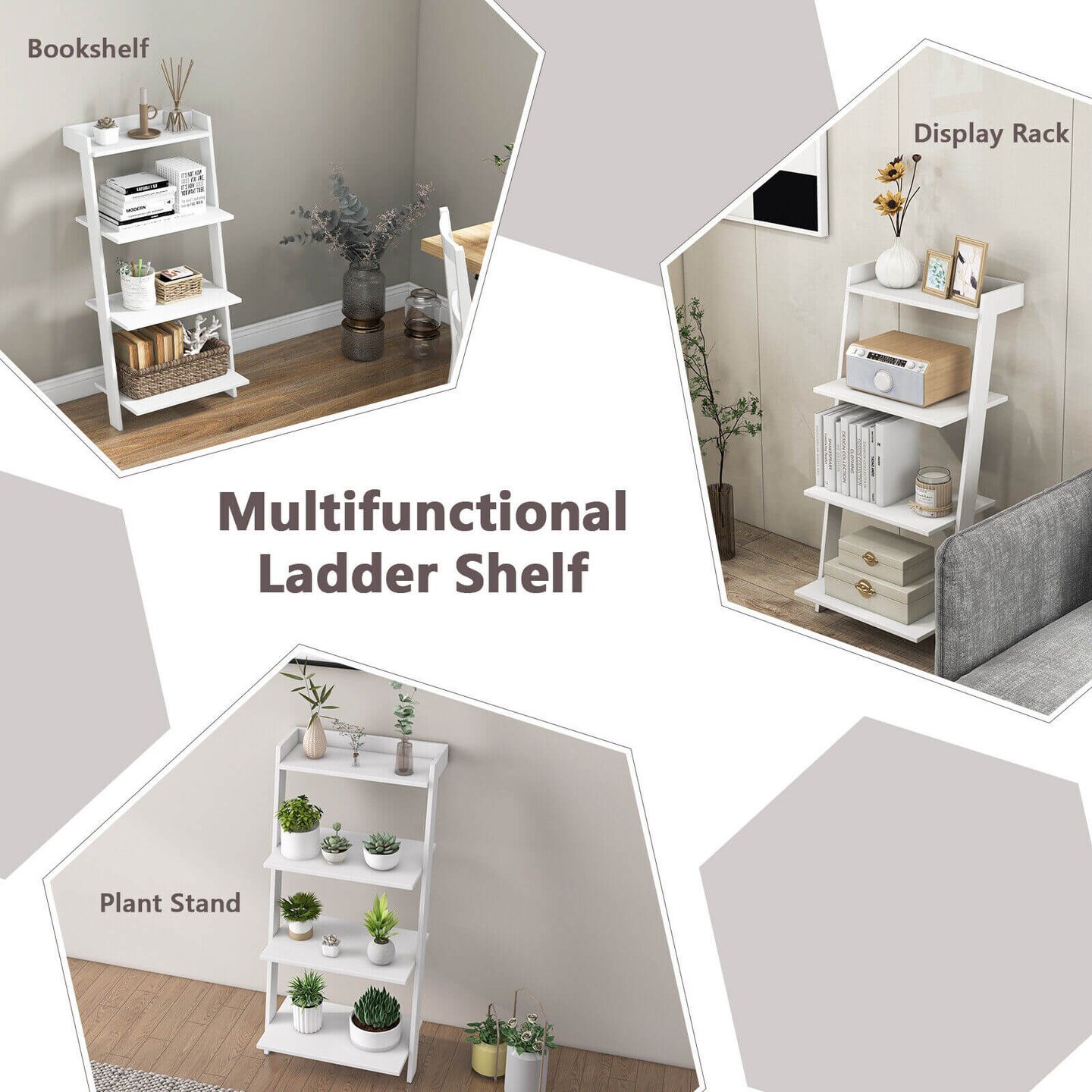 4-Tier Ladder Shelf with Solid Frame and Anti-toppling Device
