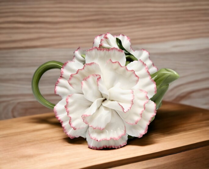 Ceramic White Carnation Flower Teapot, Gift for Her, Gift for Mom, Tea Party D&#xE9;cor, Caf&#xE9; D&#xE9;cor, Spring Kitchen Decor