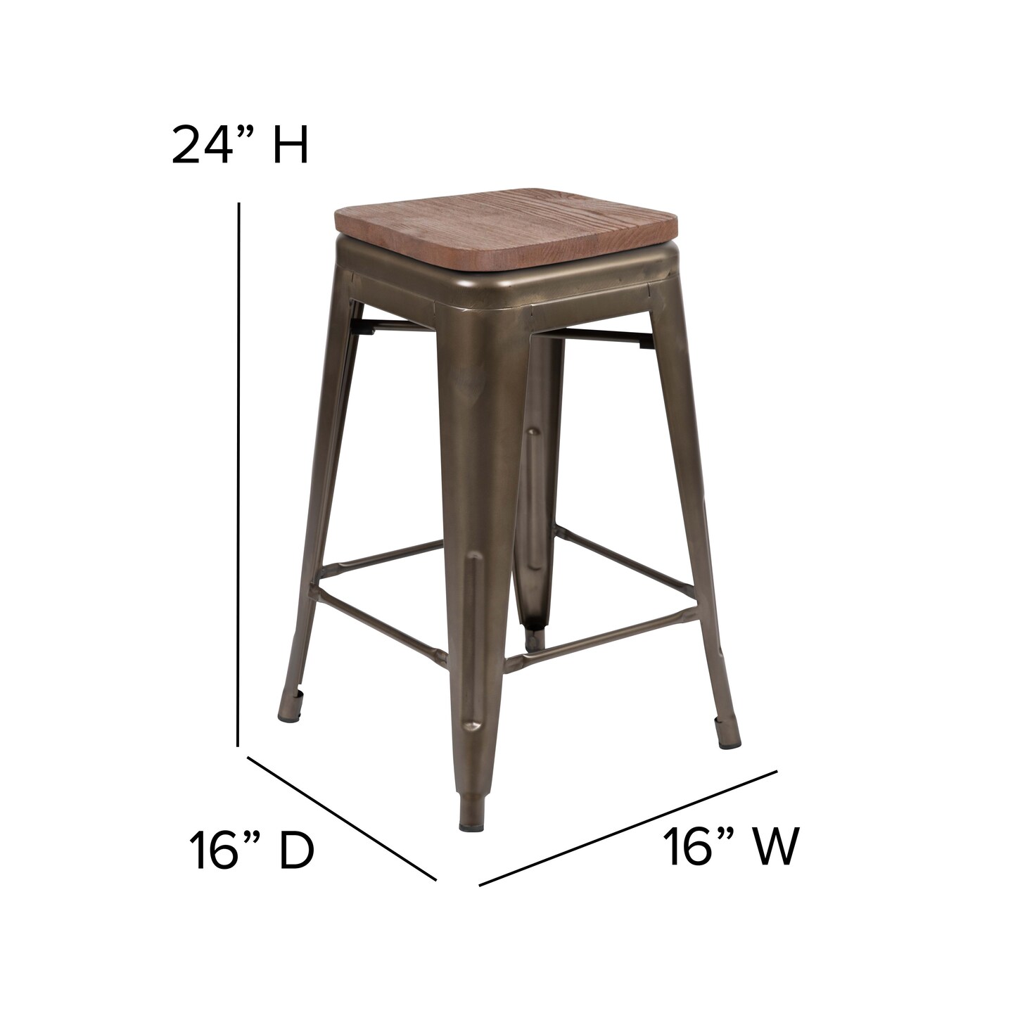 Merrick Lane Brooklyn 24 Inch Tall Stackable Metal Bar Counter Stool With Textured Elm Wood Seat In Set Of 4