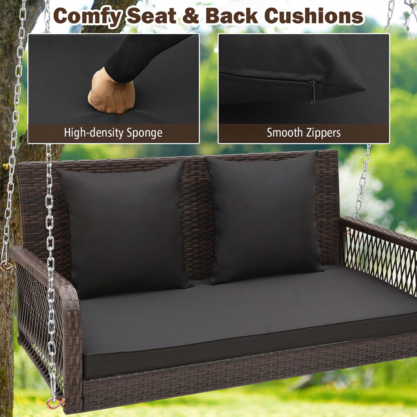 Costway Patio Wicker Porch Swing 2-Person Hanging Loveseat Bench Chair with Cushions Beige/Black
