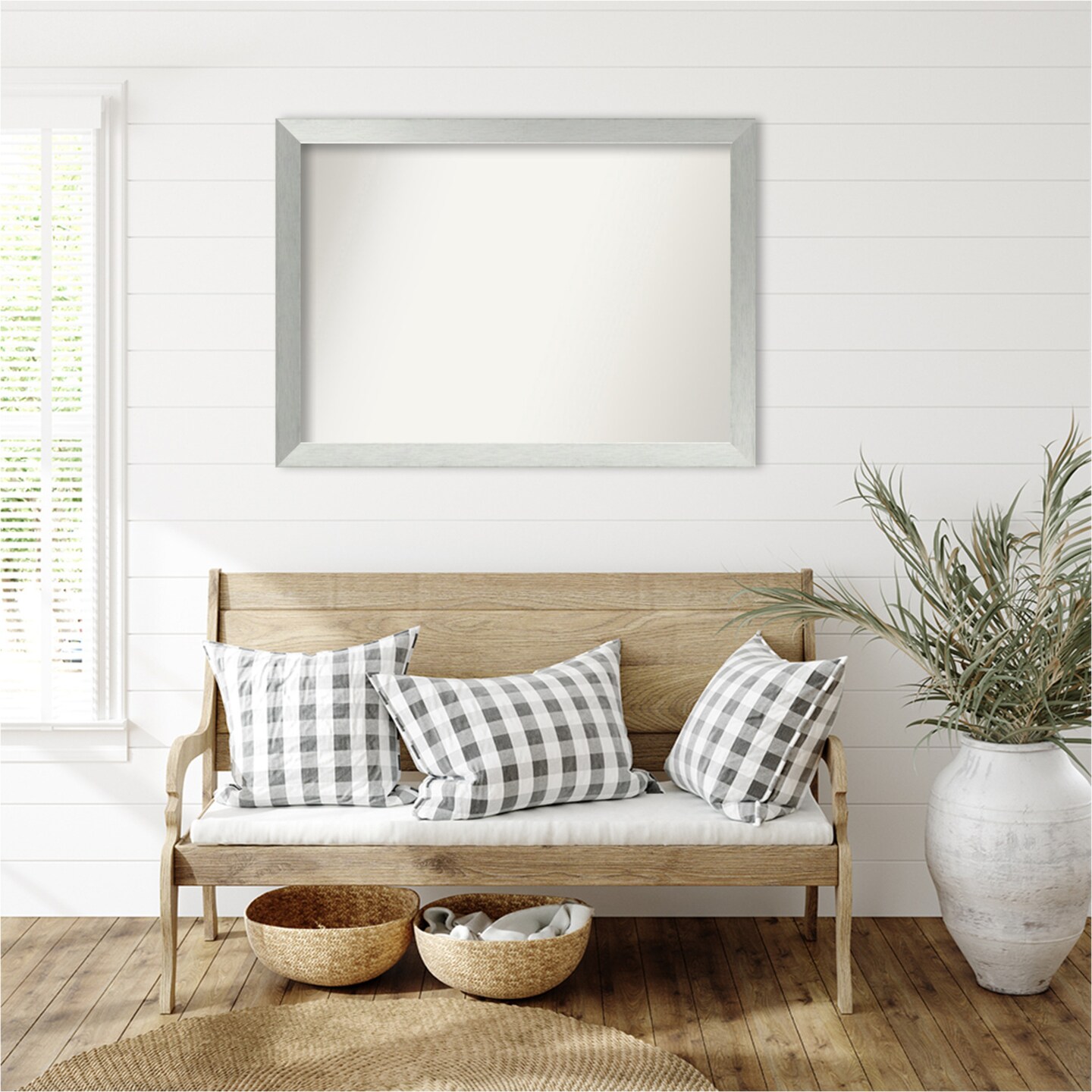 Brushed Sterling Silver Non-Beveled Custom Framed Bathroom Vanity Wall Mirror