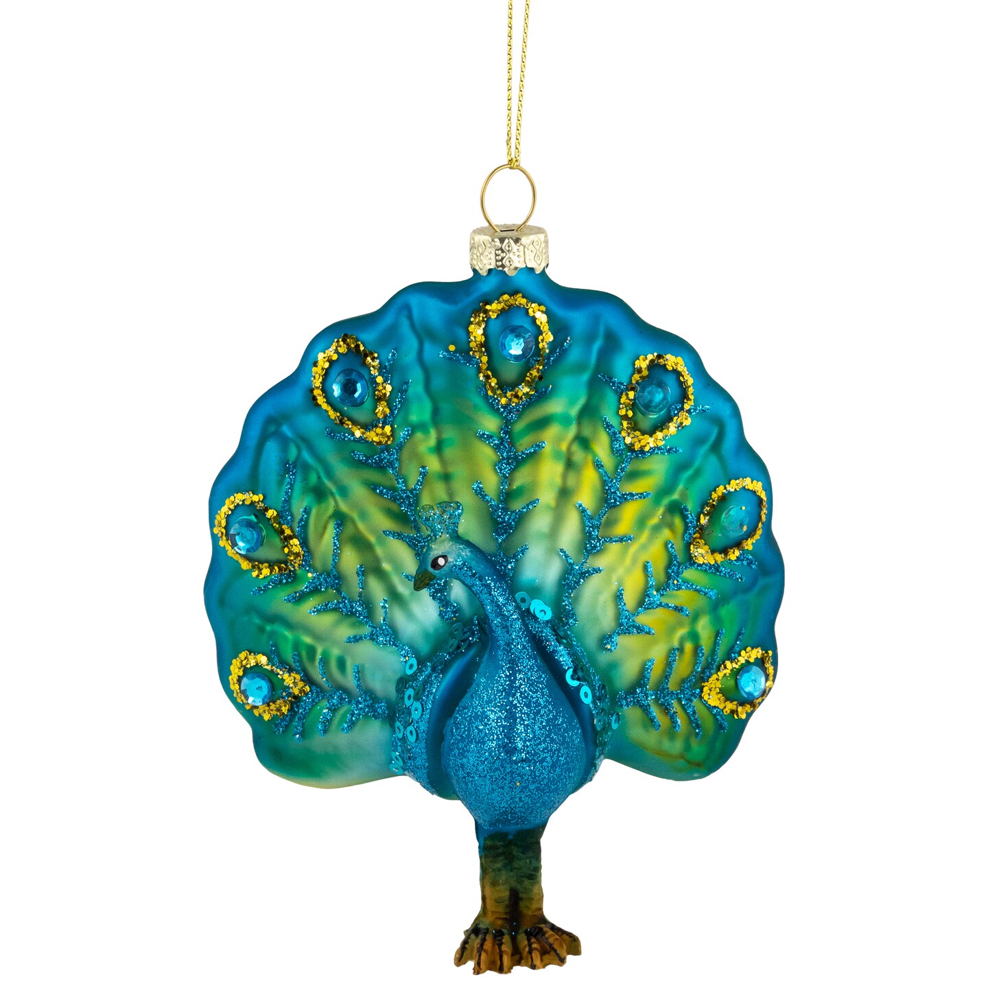 Northlight Standing Glittered Peacock Glass Christmas Ornament - 4.5&#x22; - Blue and Green