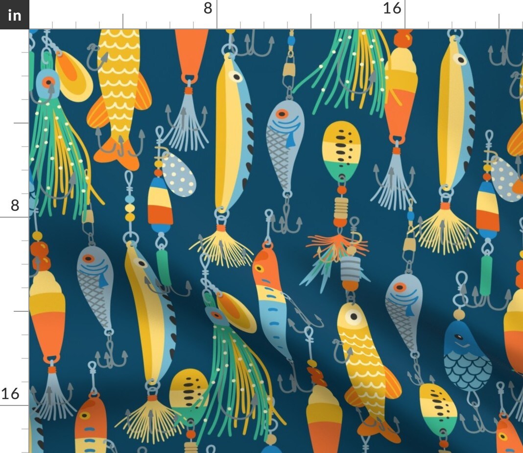 Fishing Dark Blue Bait Tackle Outdoor Custom Printed Fabric by Spoonflower Various Fabrics by the Yard or Fat Quarter