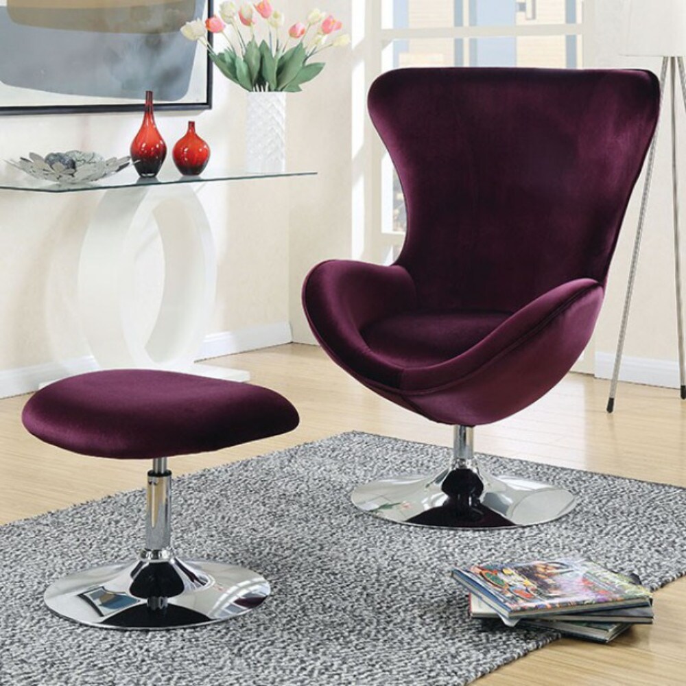 Furniture of America Fabric Curved Design Chair with Ottoman and Tubular Base, Set of 2, Purple- Saltoro Sherpi