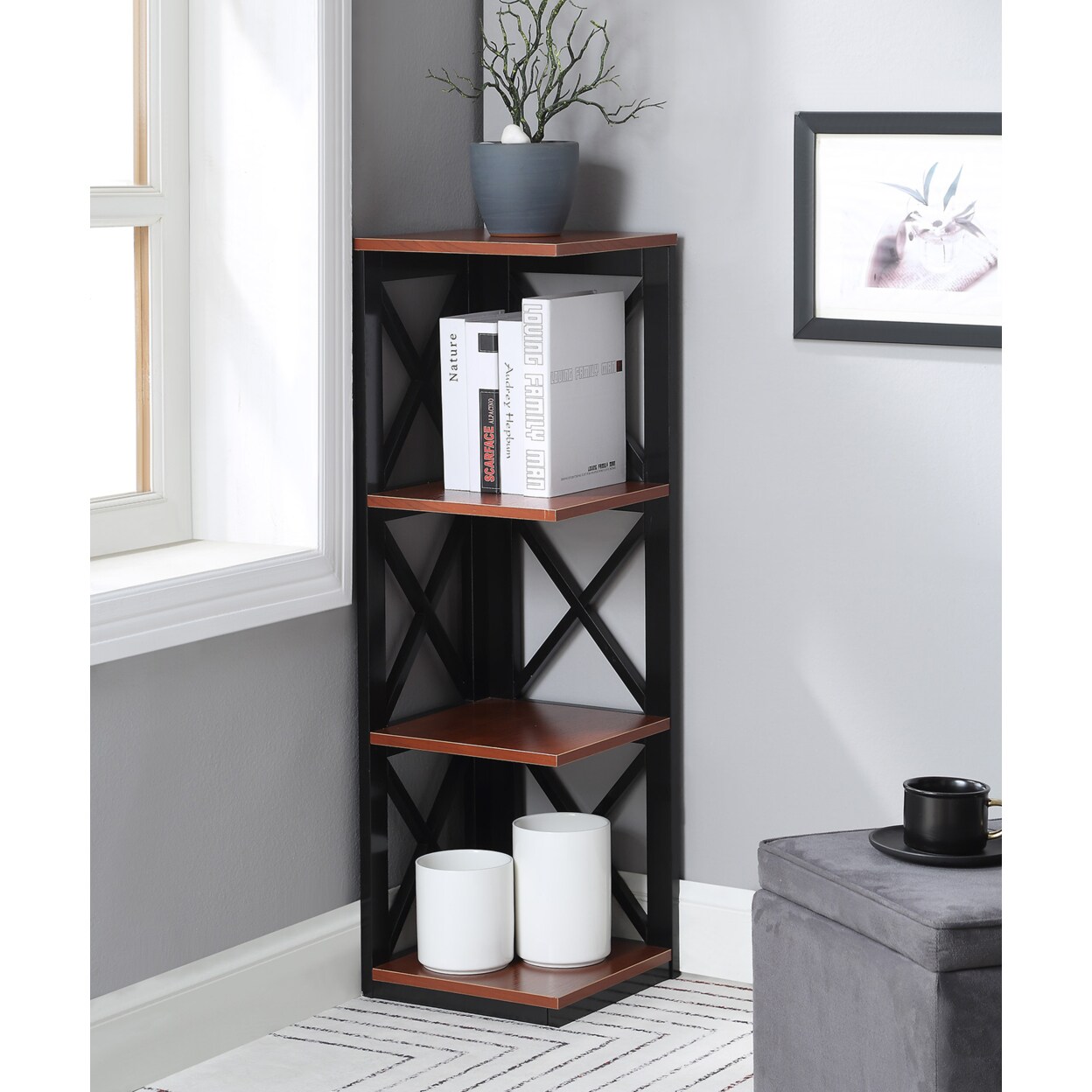 Convenience Concepts Oxford 3 Tier Corner Bookcase, Cherry and Black