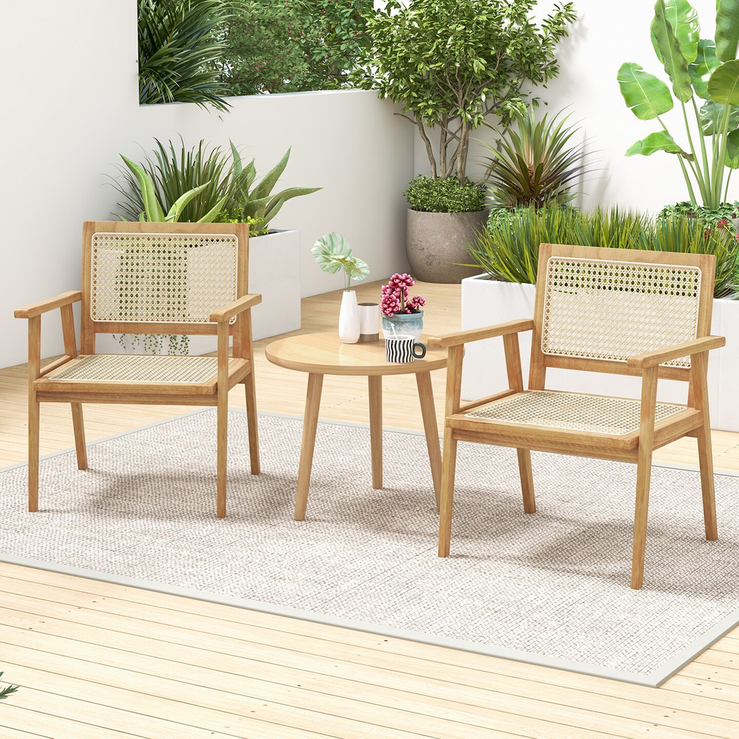 Costway 1/2 PCS Wood Chair Indonesia Teak Wood Armchair with Natural Rattan Seat &#x26; Back Patio Chair for Porch