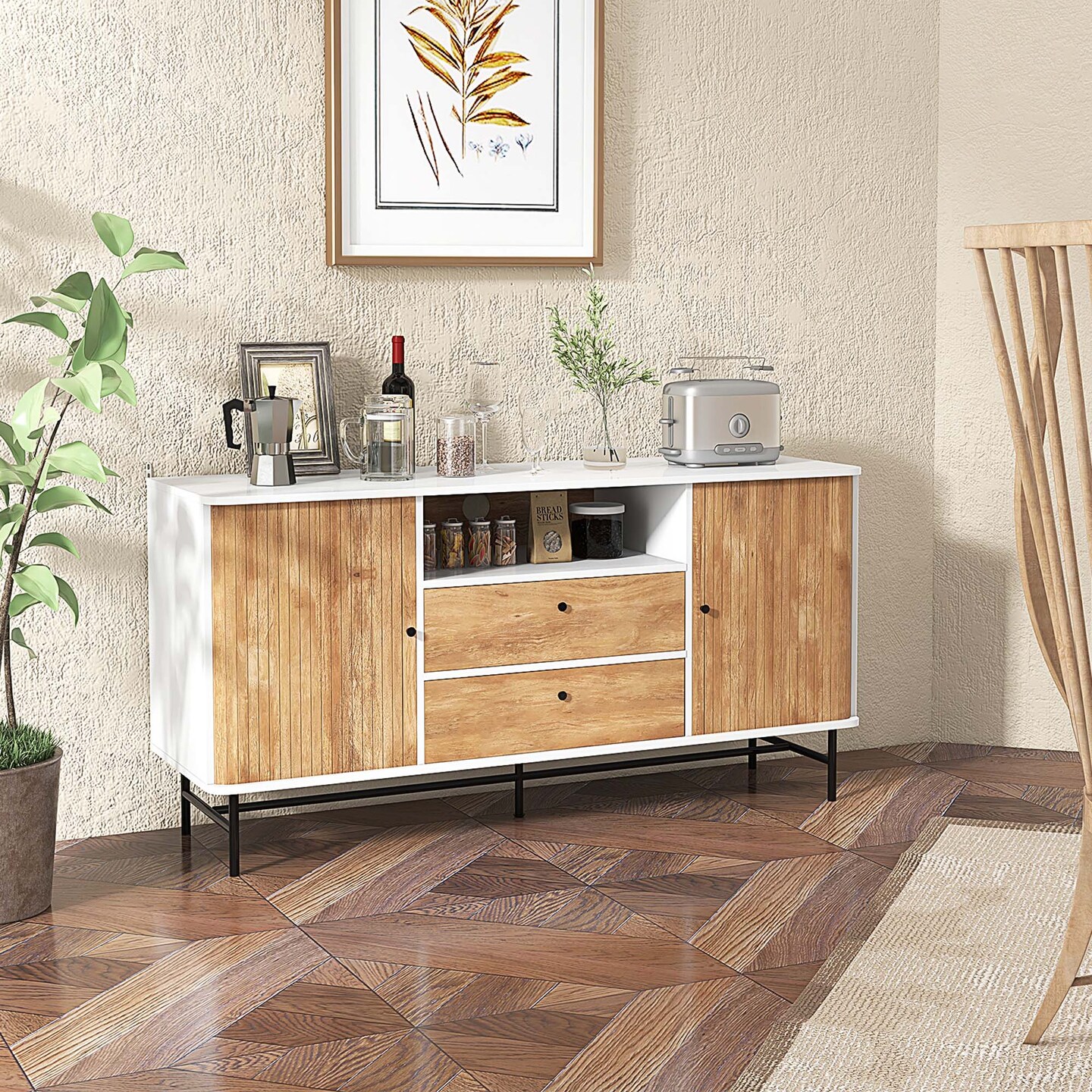 Costway Buffet Sideboard Versatile TV Stand with Sliding Tambour Doors & 2 Storage Drawers