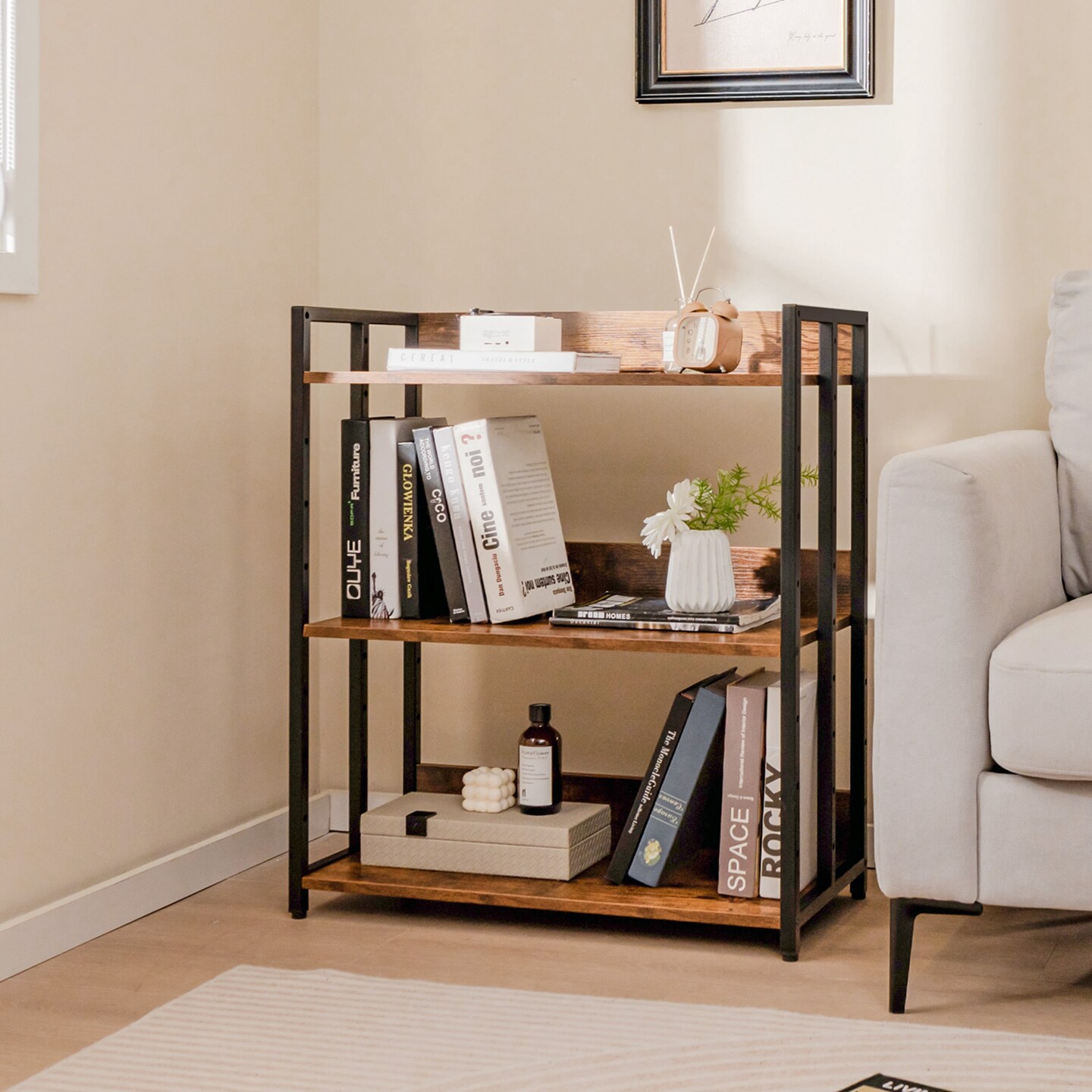 Costway 3-Tier Industrial Metal Frame Corner Bookcase with Adjustable Shelves Rustic Brown