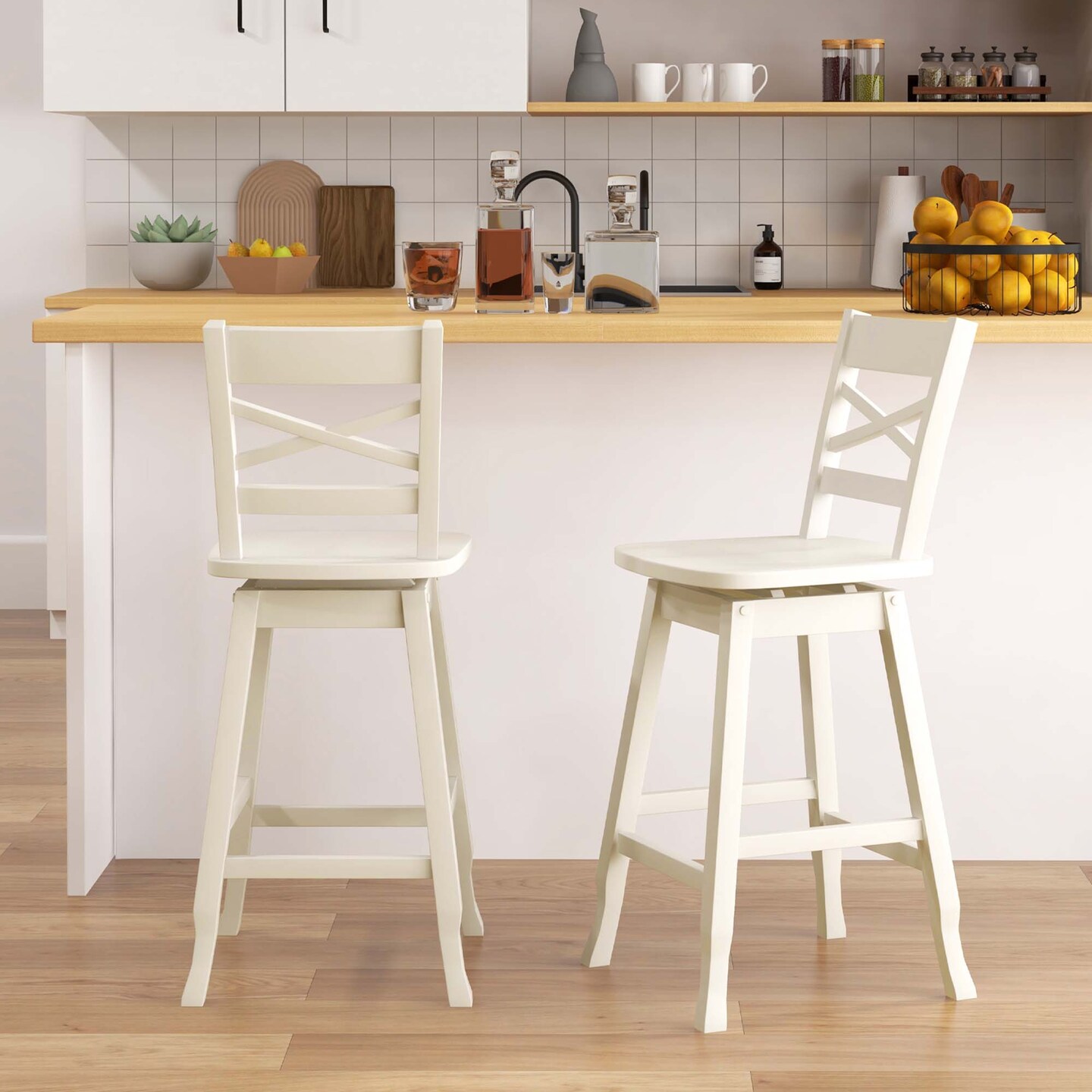 Costway 2 PCS 24"/30" Counter/Bar Height Stool Rubber Wood Swivel Bar Stool with Inclined Backrest Cream